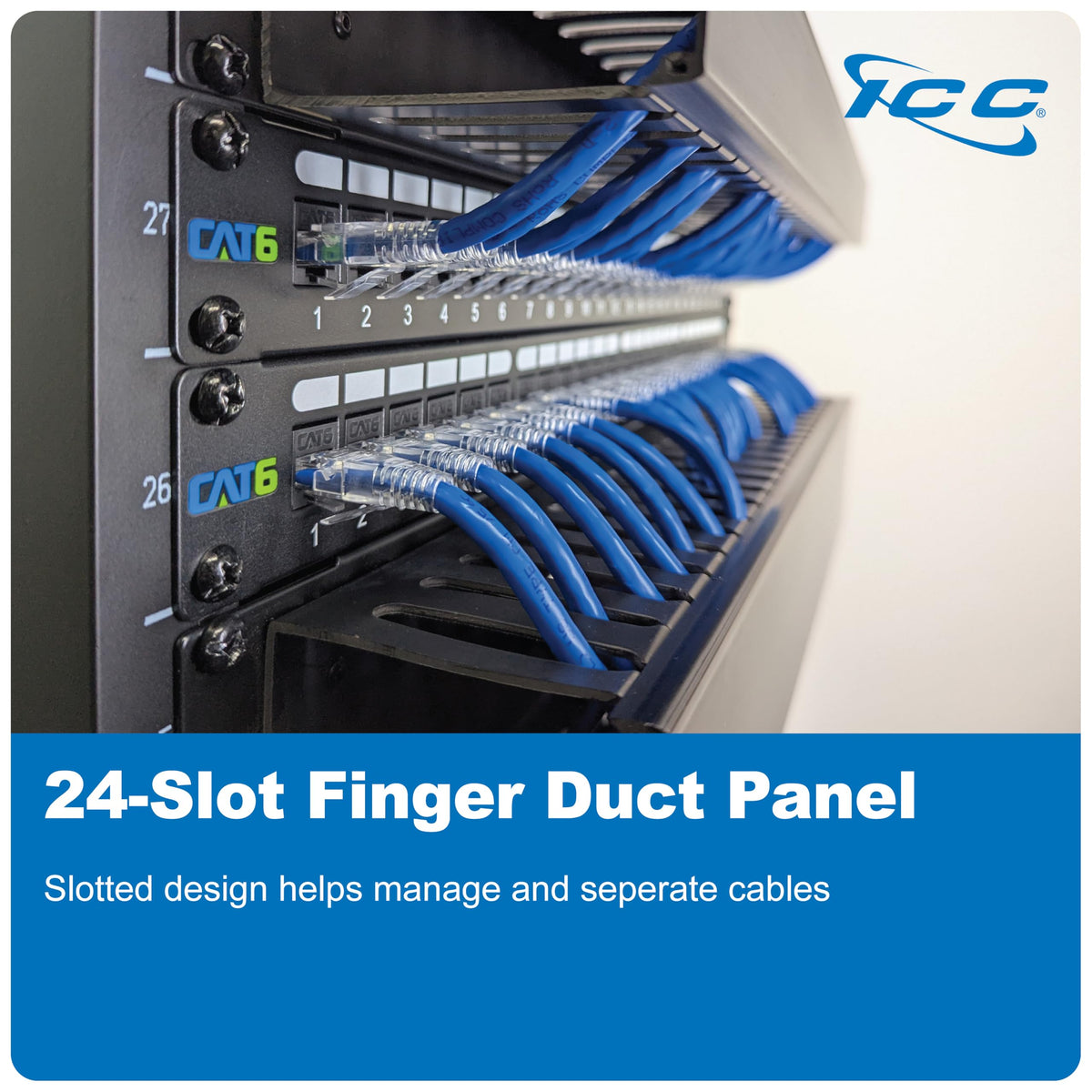 ICC 2U Finger Duct Cable Manager with Cover, 3-Inch Depth, Black, 1-Pack