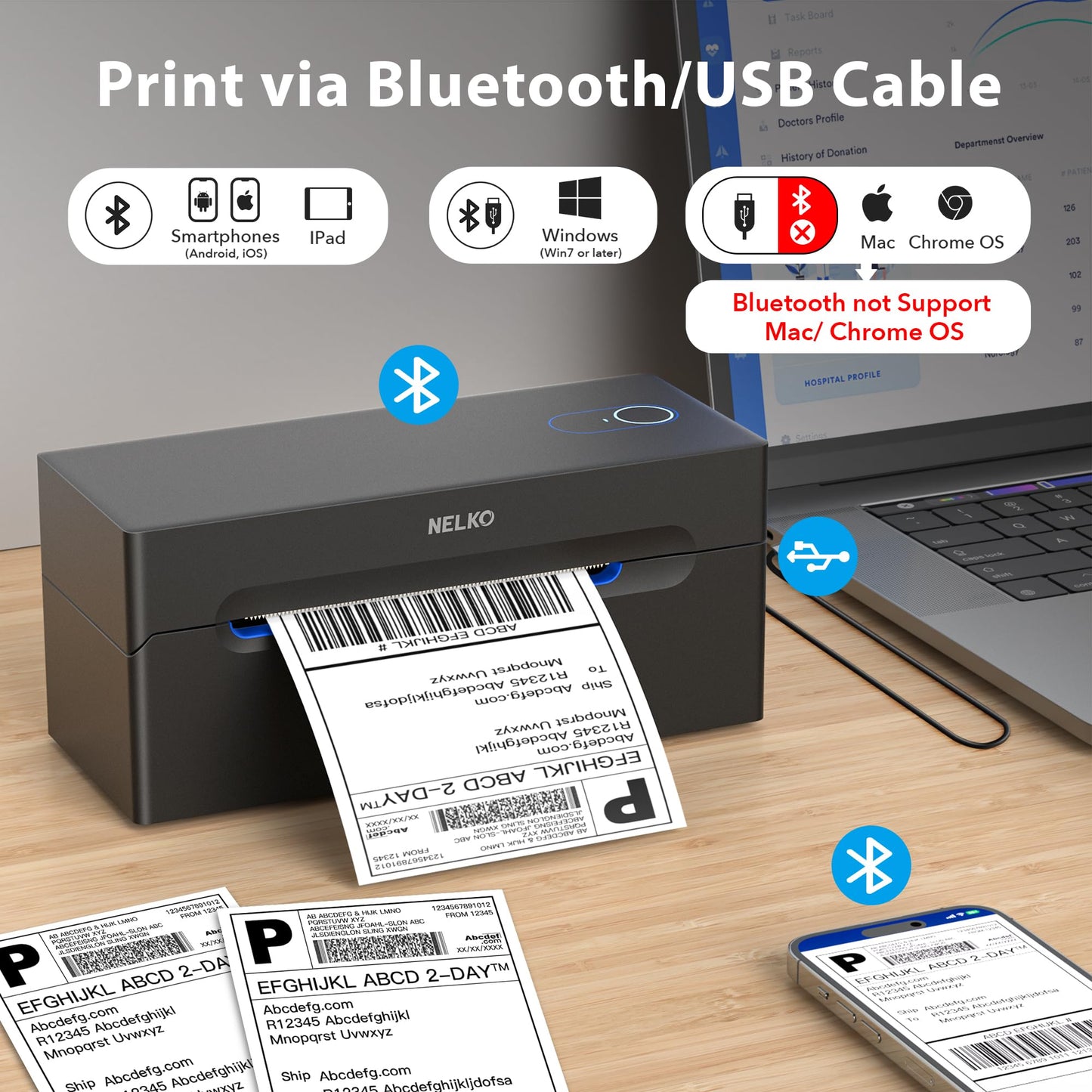 Nelko Bluetooth Thermal Shipping Label Printer, Wireless 4x6 Shipping Label Printer for Shipping Packages, Support Android, iPhone and Windows, Widely