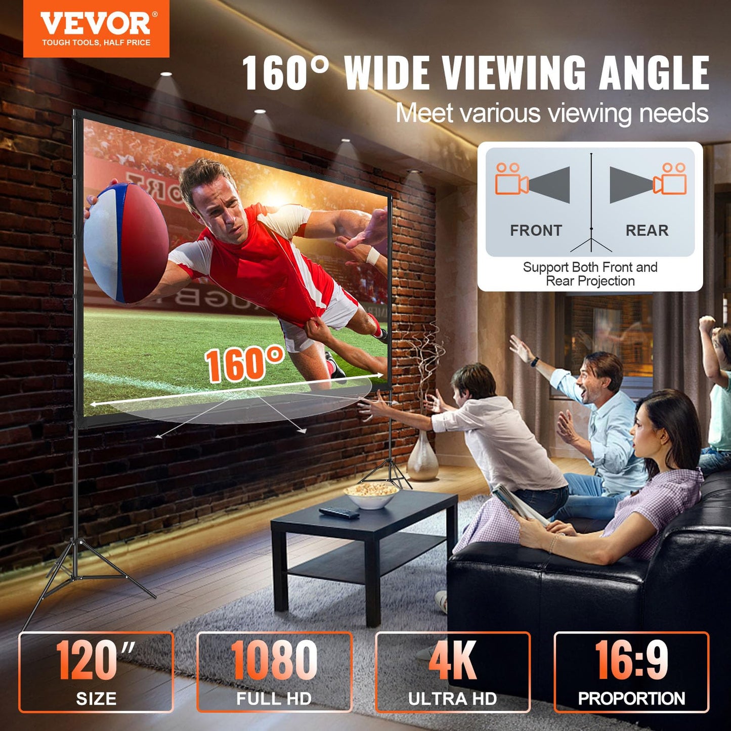 VEVOR Projector Screen with Stand, 120 inch 16:9 4K 1080 HD Outdoor Movie Screen with Stand, Wrinkle-Free Projection Screen with Tripods and Carry