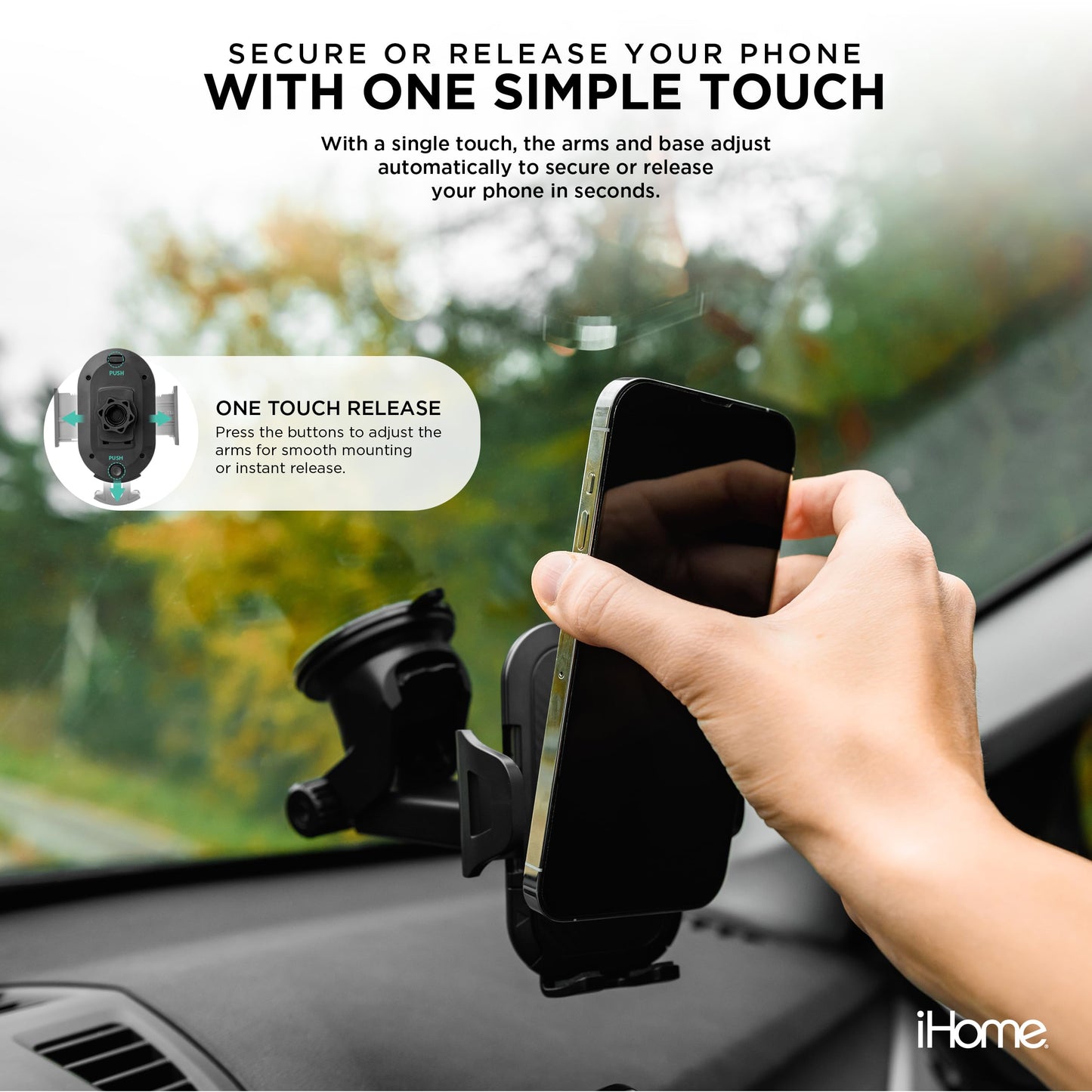 iHome Car Mount, Dashboard/Windshield/Vent Mount, Swivel Neck, Silicone Grip, Adjustable Mount Arm with Suction Cup Base (Universal Car Mount)
