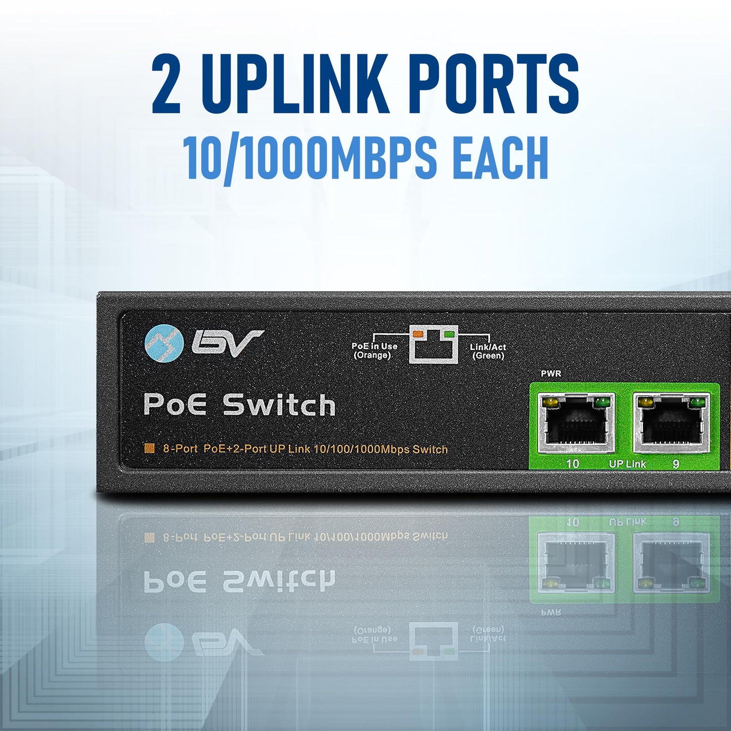 BV-Tech 8 Gigabit PoE+ Ports with 2 Enthernet Uplink, 130W, 802.3af/at POE-SW802G