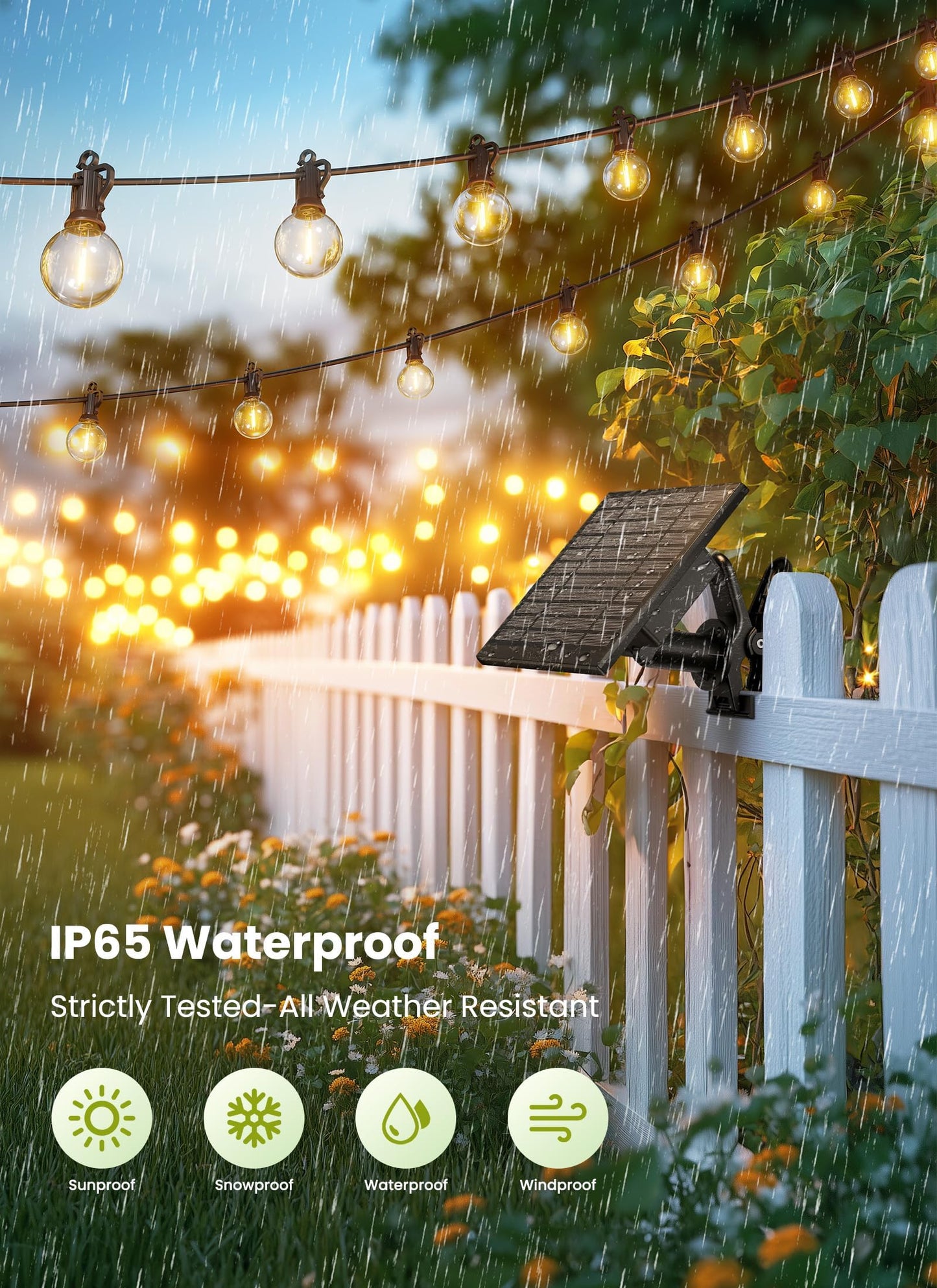 Brightown 58FT Solar String Lights Outdoor with Remote Cable Ties Hooks, 26 LED Shatterproof Bulbs, 3 Light Modes, Dimmer & Timer, Commercial Grade