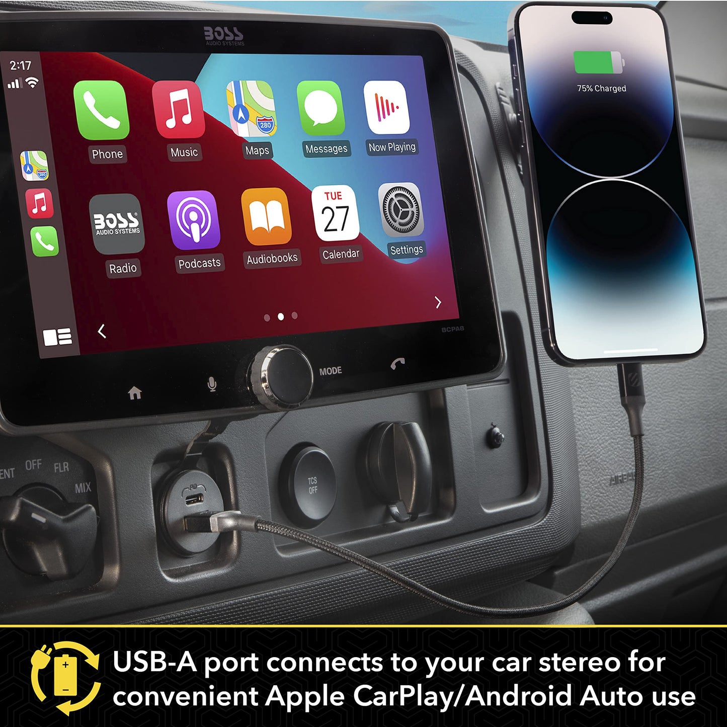 Scosche CPPDRLK-SP PowerVolt 27W Dash Port USB PD 3.0 Type-C Car Charger Compatible w/ Apple CarPlay & Android Auto Passthrough with USB-A to USB-C