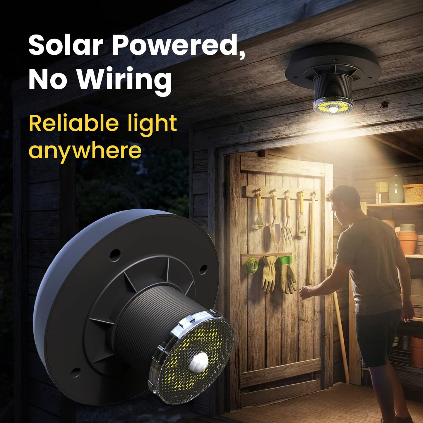 BRIGHTICONIC Solar Motion Sensor Light - LED Powered Motion Activated Lighting for Shed, Portable Toilet, Chicken Coop, Dog House, Playhouse & Camping