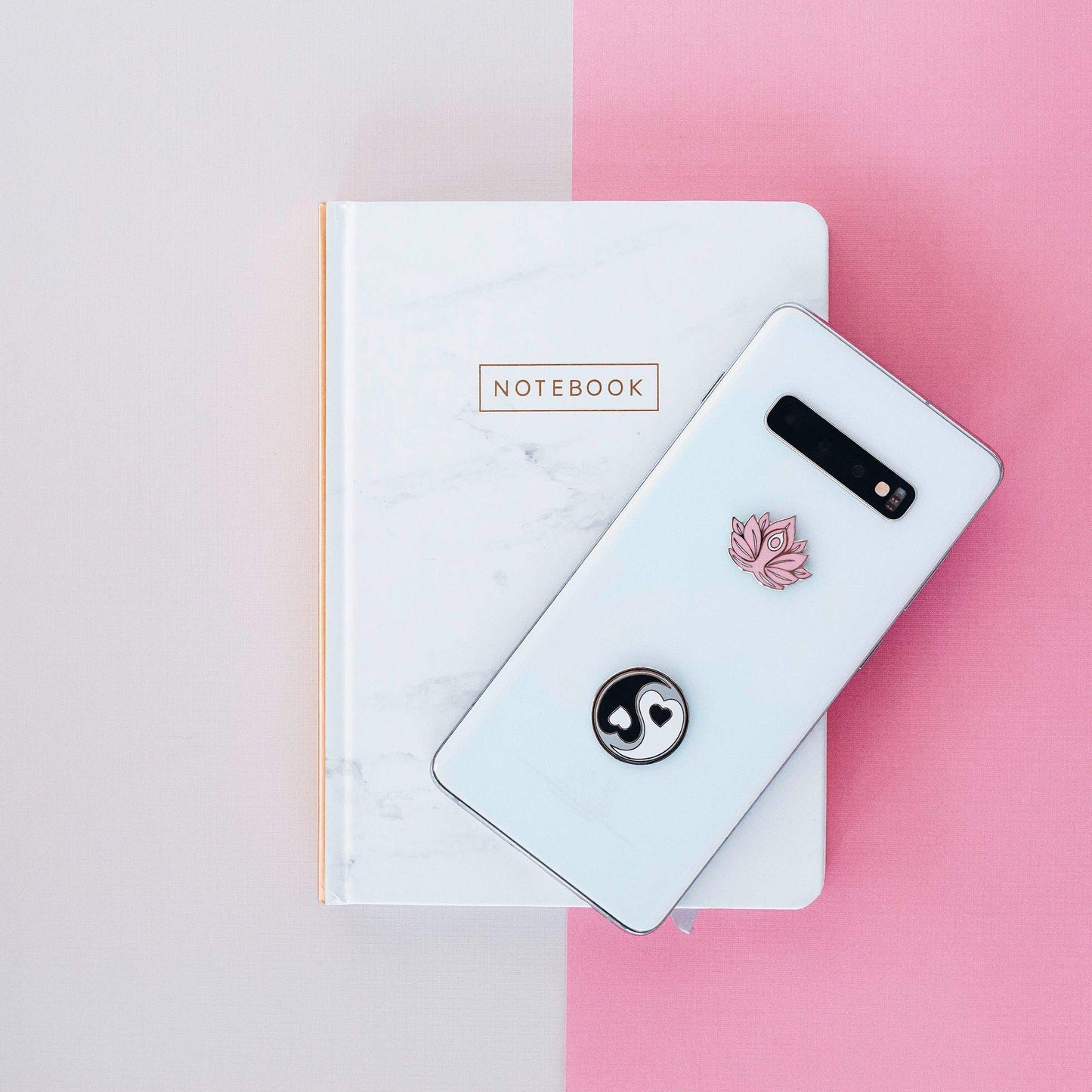 Metal Charm Stickers for Cell Phone Cases. Yin Yang and Pink Lotus Set of 2 Reusable & Removable Leaves No Residue. Symbols of Balance Harmony Love