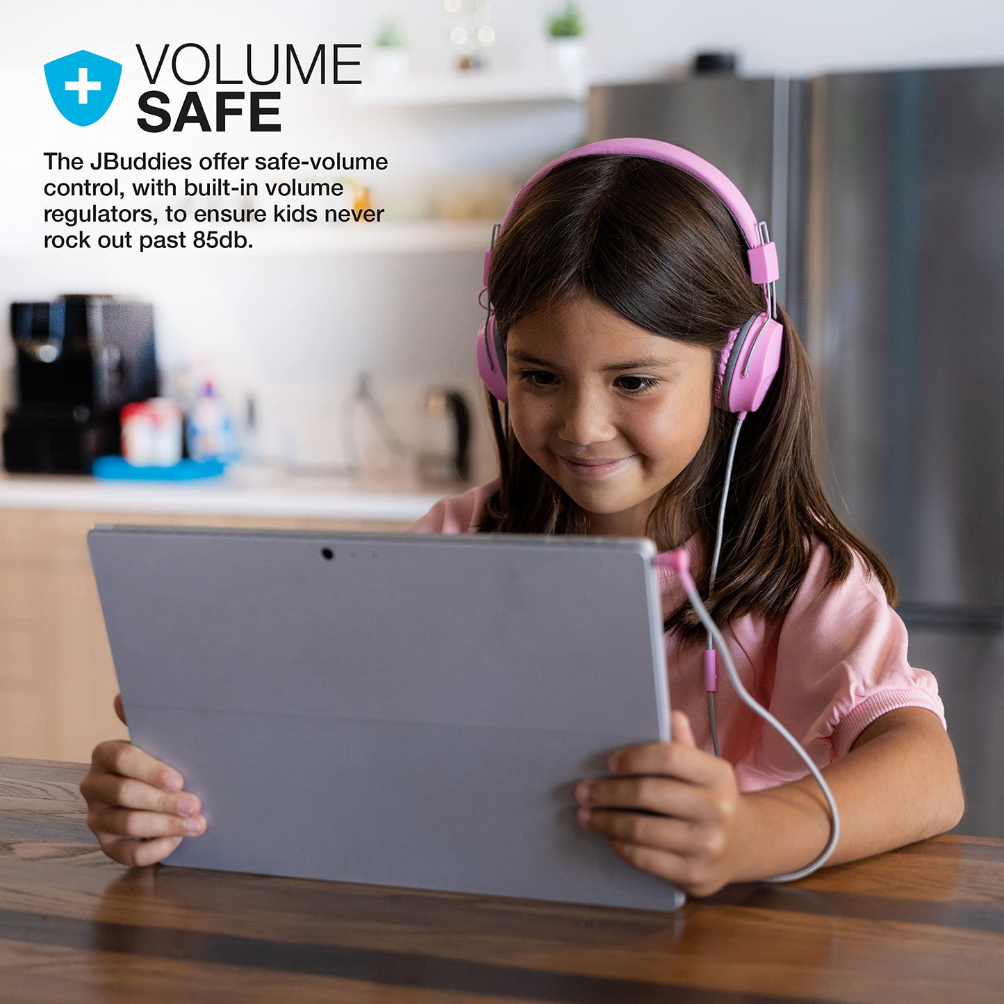 JLab JBuddies Studio on-Ear Kids Wired Headphones with mic, Volume Limiter, Foldable, Adjustable, Noise Isolation, Pink