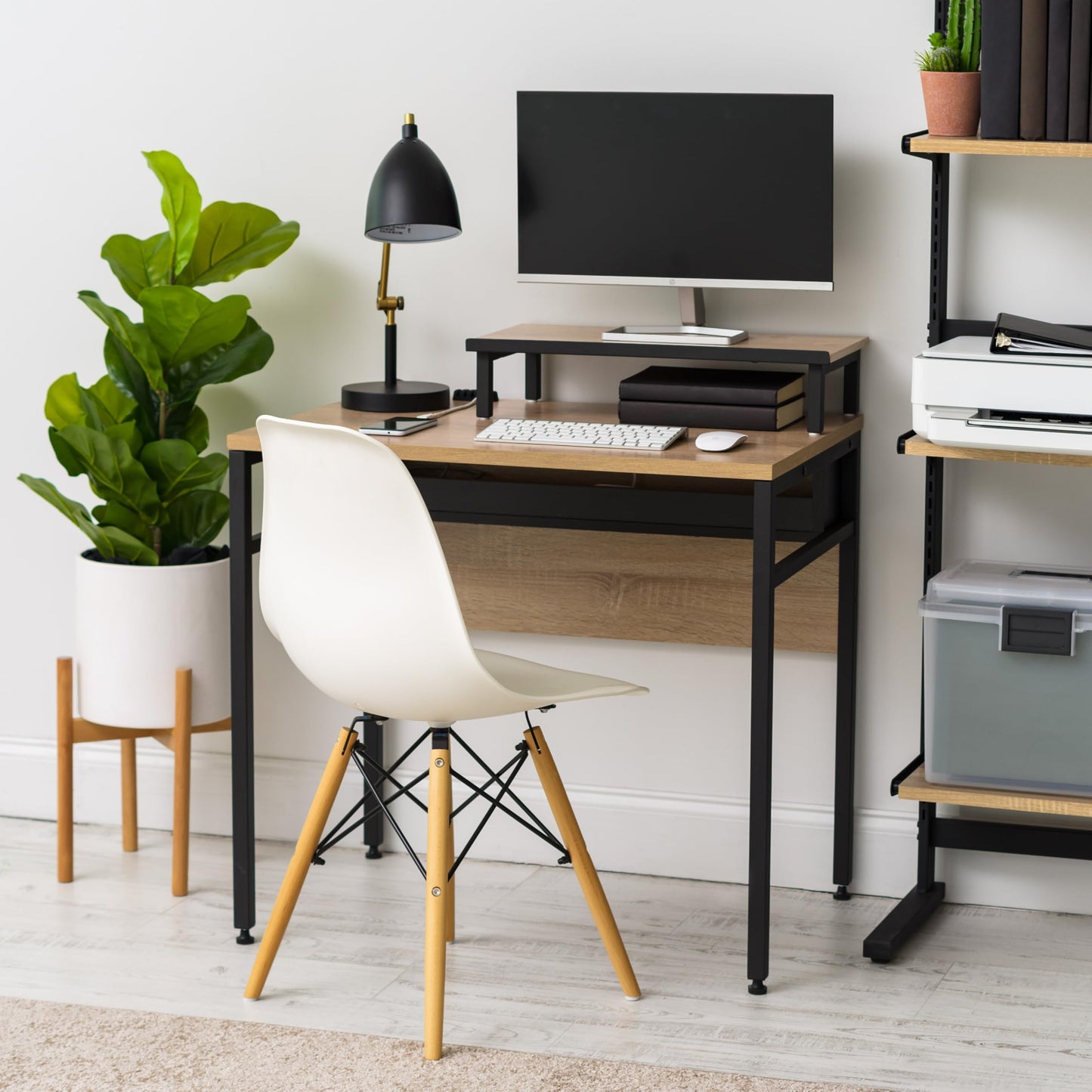 IRIS USA Computer Desk, 32" L x 22" W Slim Rustic Industrial Table with Monitor Stand, Matte Black Steel Frame, Heavy Duty Wooden Tabletop, Home
