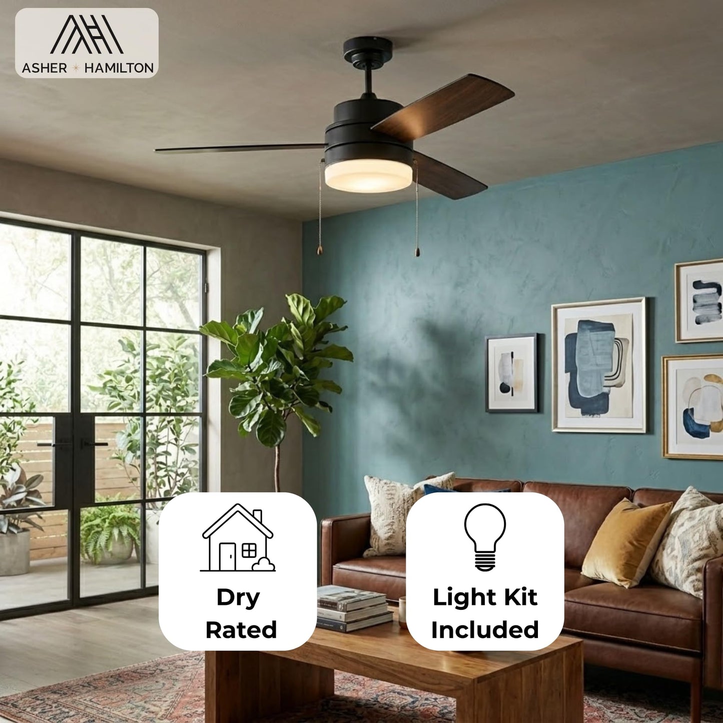 Asher Hamilton AHF-216BK Angle 52 Inch Indoor Ceiling Fan | 3 Blade Configuration | Requires E26 Medium Base Bulbs | Dry Rated | Frosted Glass Shade |