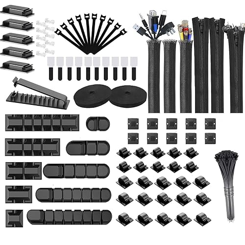 189PCS Cable Management Kit, 6 Cable Sleeve40 Cable Clips with 11Cord Holders, 2 Roll Self Tie, 10 Self Adhesive Cord Organizer, 100 Fastening Cable