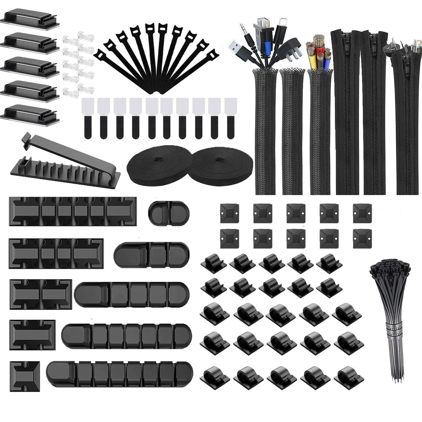 189PCS Cable Management Kit, 6 Cable Sleeve40 Cable Clips with 11Cord Holders, 2 Roll Self Tie, 10 Self Adhesive Cord Organizer, 100 Fastening Cable
