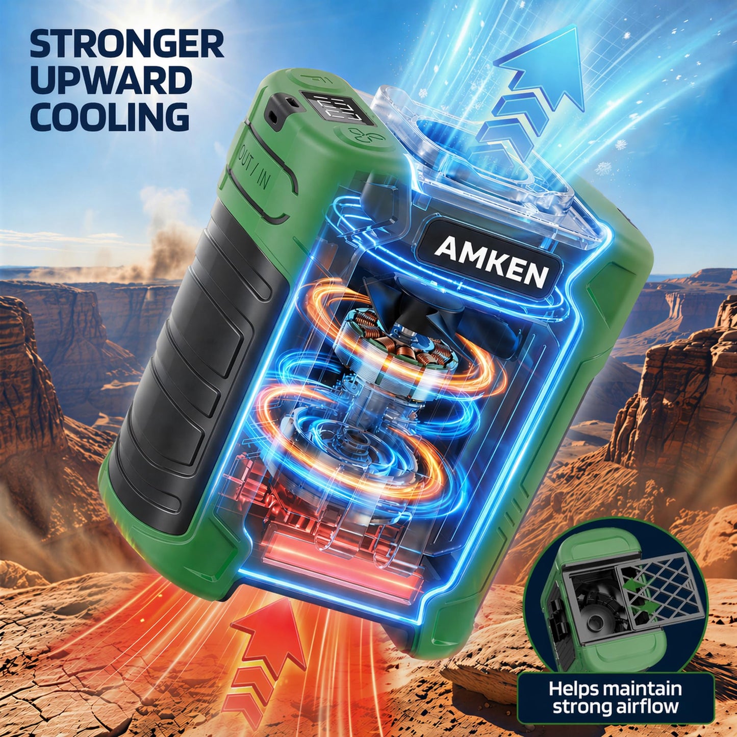 AMKEN Waist Fan, 10000mAh Rechargeable Belt Clip Fan, 59ft/s Airflow, 6-Speed 18500RPM Wearable Cooling with Bottom Air Intake, LED SOS Warning Light