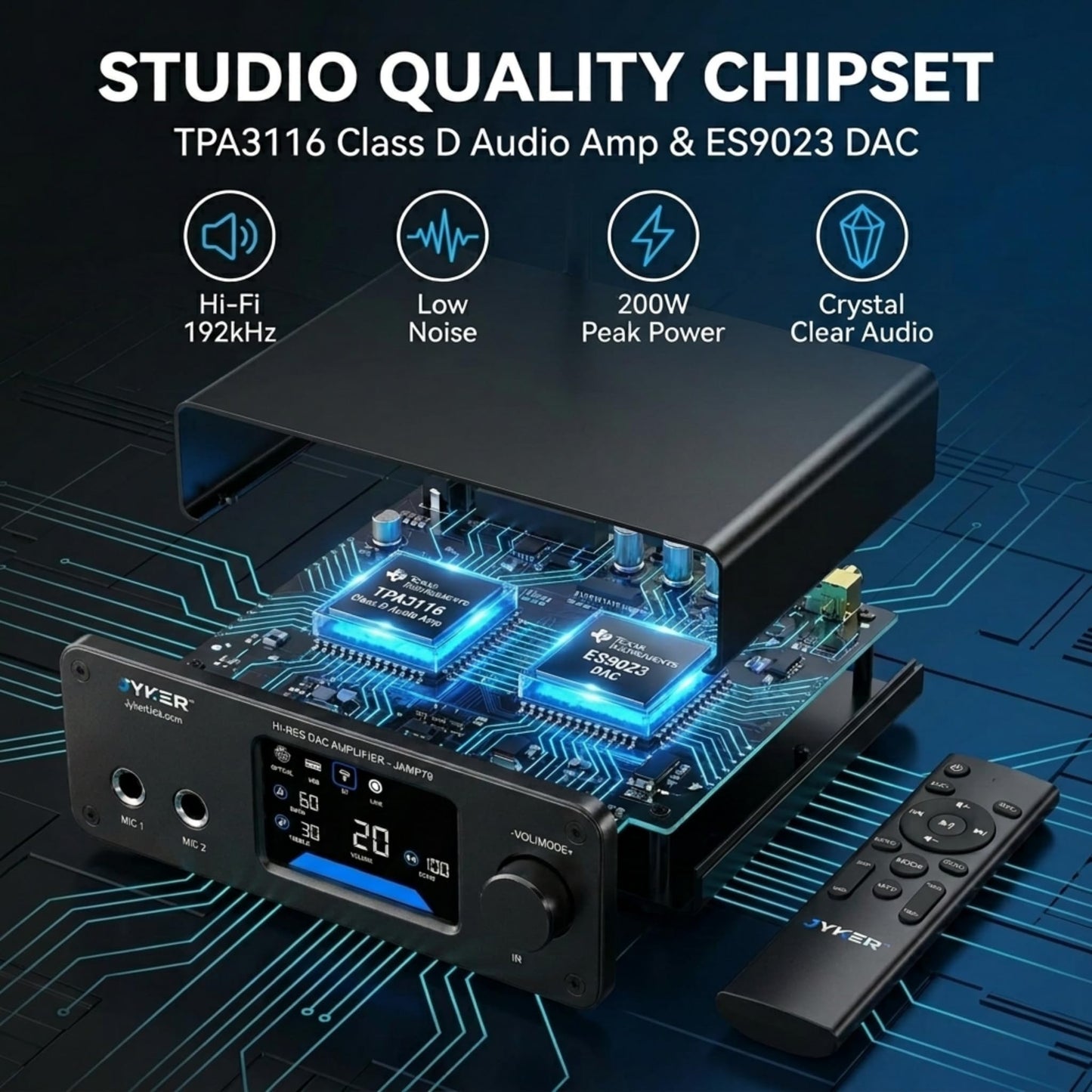 Jyker Hi-Fi DAC Stereo Amplifier w/Bluetooth 5.2-2 Channel Class D TPA3116 x2 ES9023 Audio Amp for Passive Speakers, AUX/SUB Outputs, Opt/USB/MIC/RCA