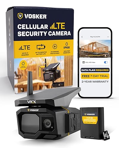 Vosker VKX Construction Pack Solar 4G LTE Security Camera, Wireless Outdoor Surveillance for Remote Construction Sites - No Wi-Fi Needed, SIM Card
