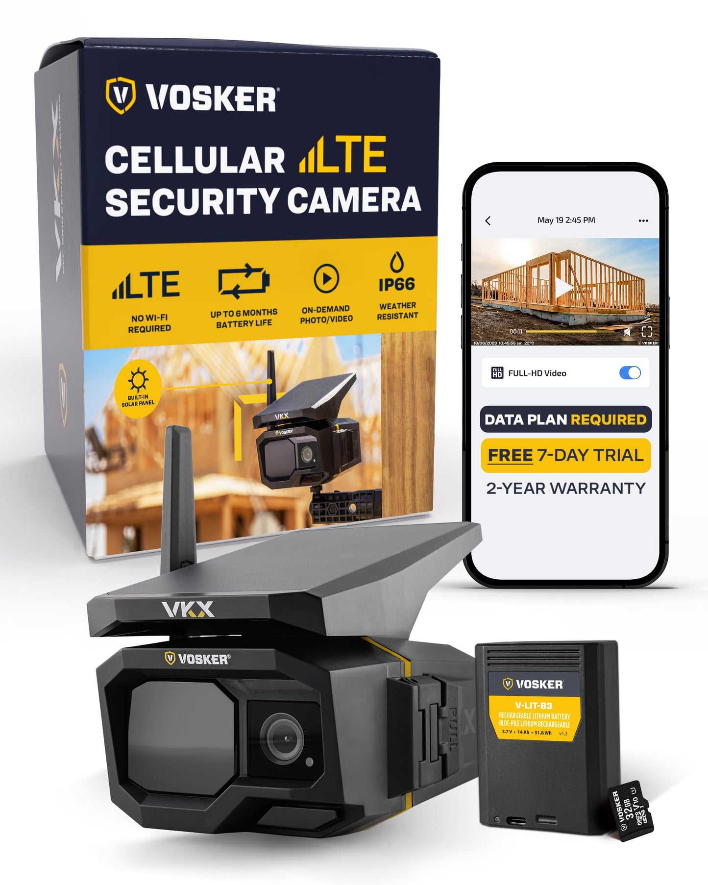 Vosker VKX Construction Pack Solar 4G LTE Security Camera, Wireless Outdoor Surveillance for Remote Construction Sites - No Wi-Fi Needed, SIM Card