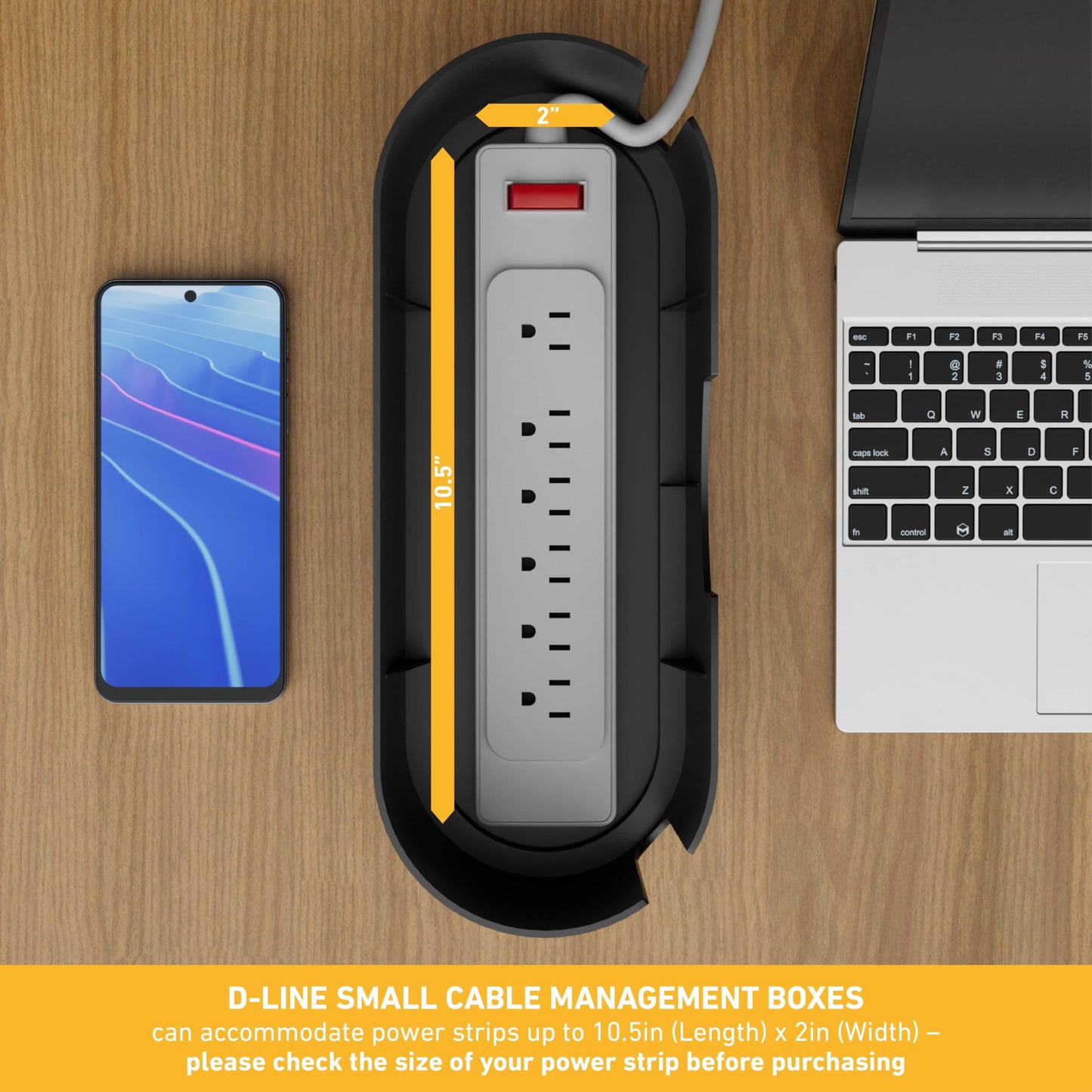 D-Line Cable Management Box, Power Strip Cover, Floor Outlet Hider, Desk Cord Organizer, Hide Extension Leads, 12.75" (L) x 5" (W) x 4.5" (H), for use