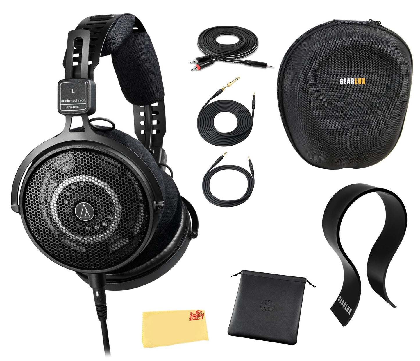 Audio-Technica ATH-R50X Professional Open-Back Reference Headphones - Black Bundle with Case, Stand, Cable, and Austin Bazaar Polishing Cloth