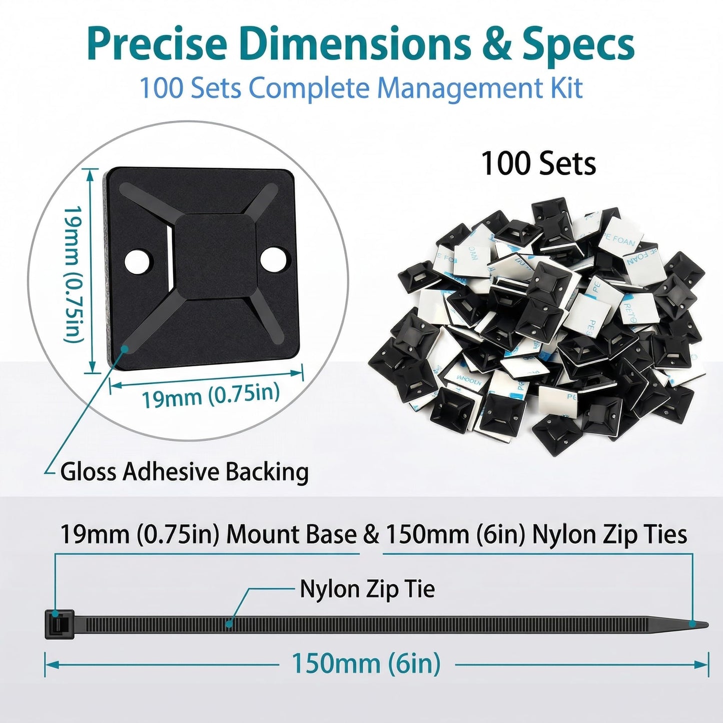 Zip Tie Mounts - SeuYeugX 100PCS Cable Self Adhesive Mounts Set for Wire Management with Stick Pads Anchors Clips Squares Holders (Black)