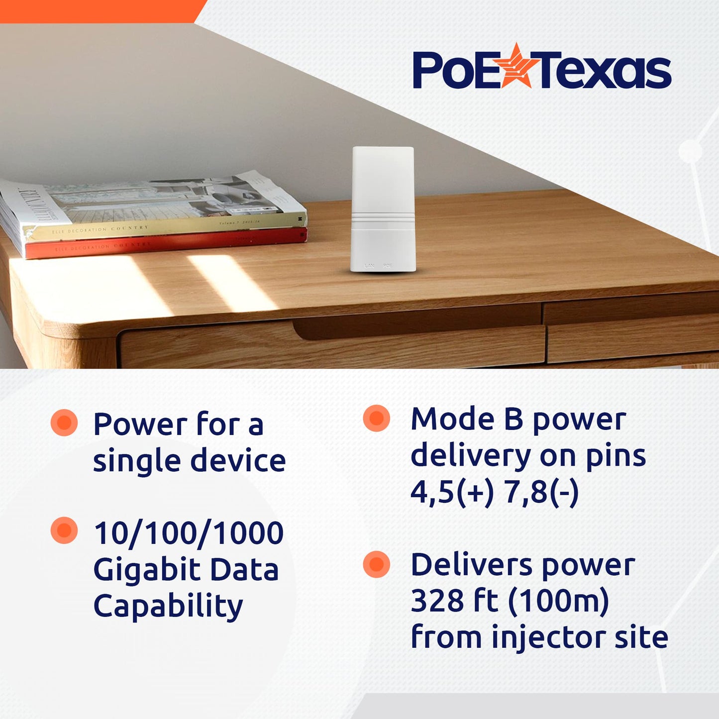 PoE Texas PoE Injector - Single Port PoE+ Power Over Ethernet PoE Adapter for 802.3at - 10/100/1000 Gigabit Data with Integrated 52V 30W Power Supply
