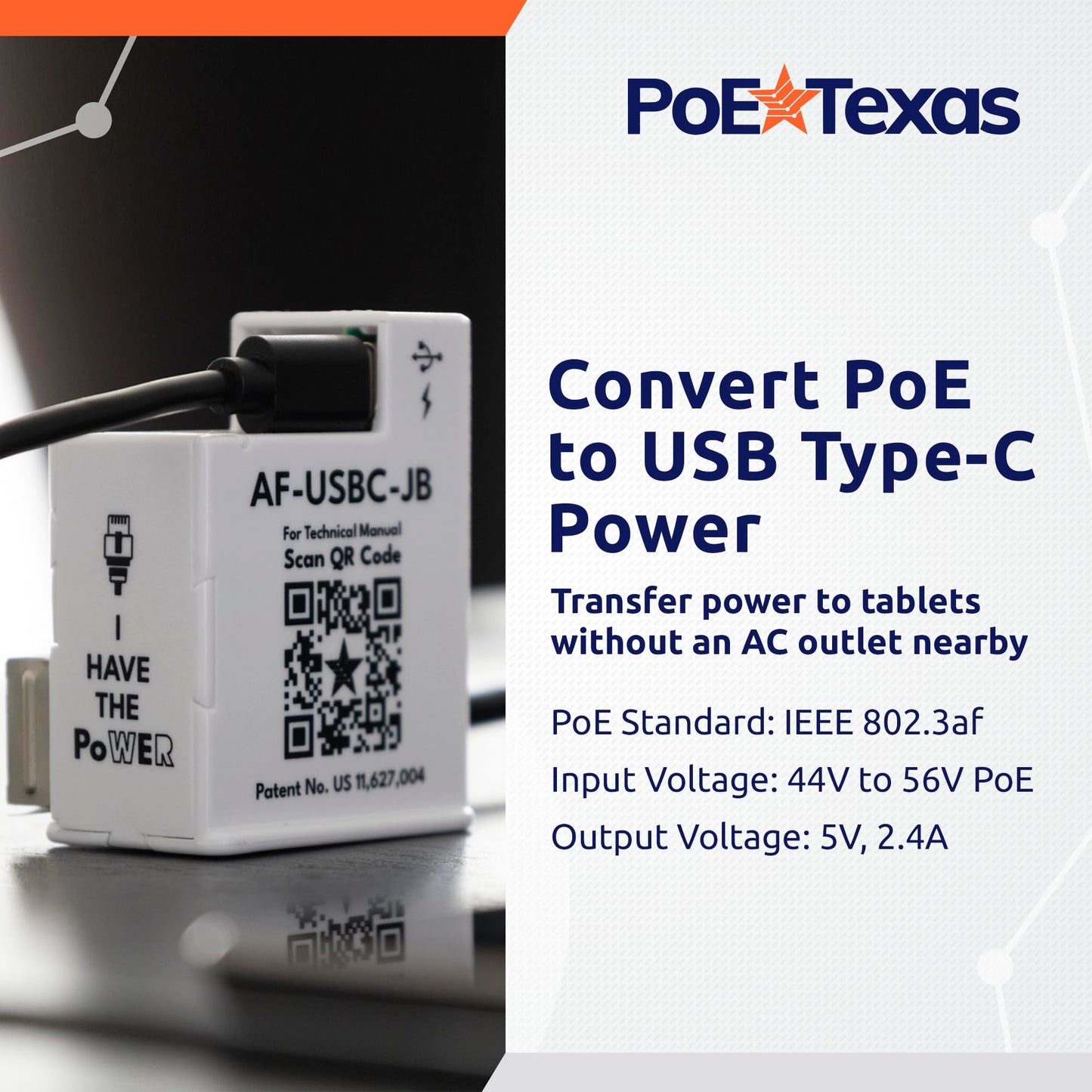 PoE Texas in-Wall PoE to USB-C Power & Data Adapter, 12W