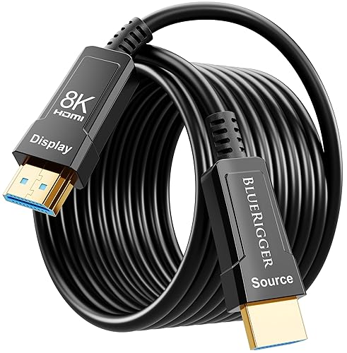 BlueRigger 8K Fiber Optic HDMI Cable 50FT (48Gbps, in-Wall CL3 Rated, 8K 60Hz, 4K 144Hz, HDCP 2.3, HDR10+) Ultra High Speed Long HDMI AOC 2.1 Cable