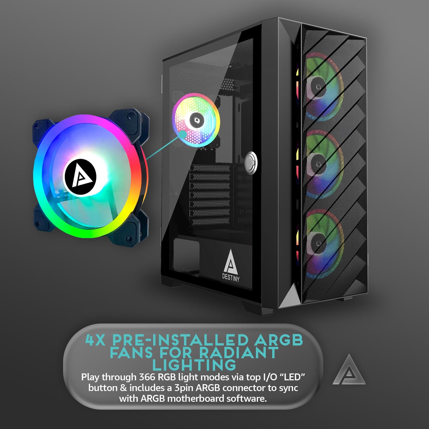 Apevia Destiny-MESH-BK Destiny Mesh Mid Tower Gaming PC Case w/ 4X 120mm ARGB Fans, 366 RGB Light Modes, 1x Metal Mesh Front Panel, 1x Door Swivel
