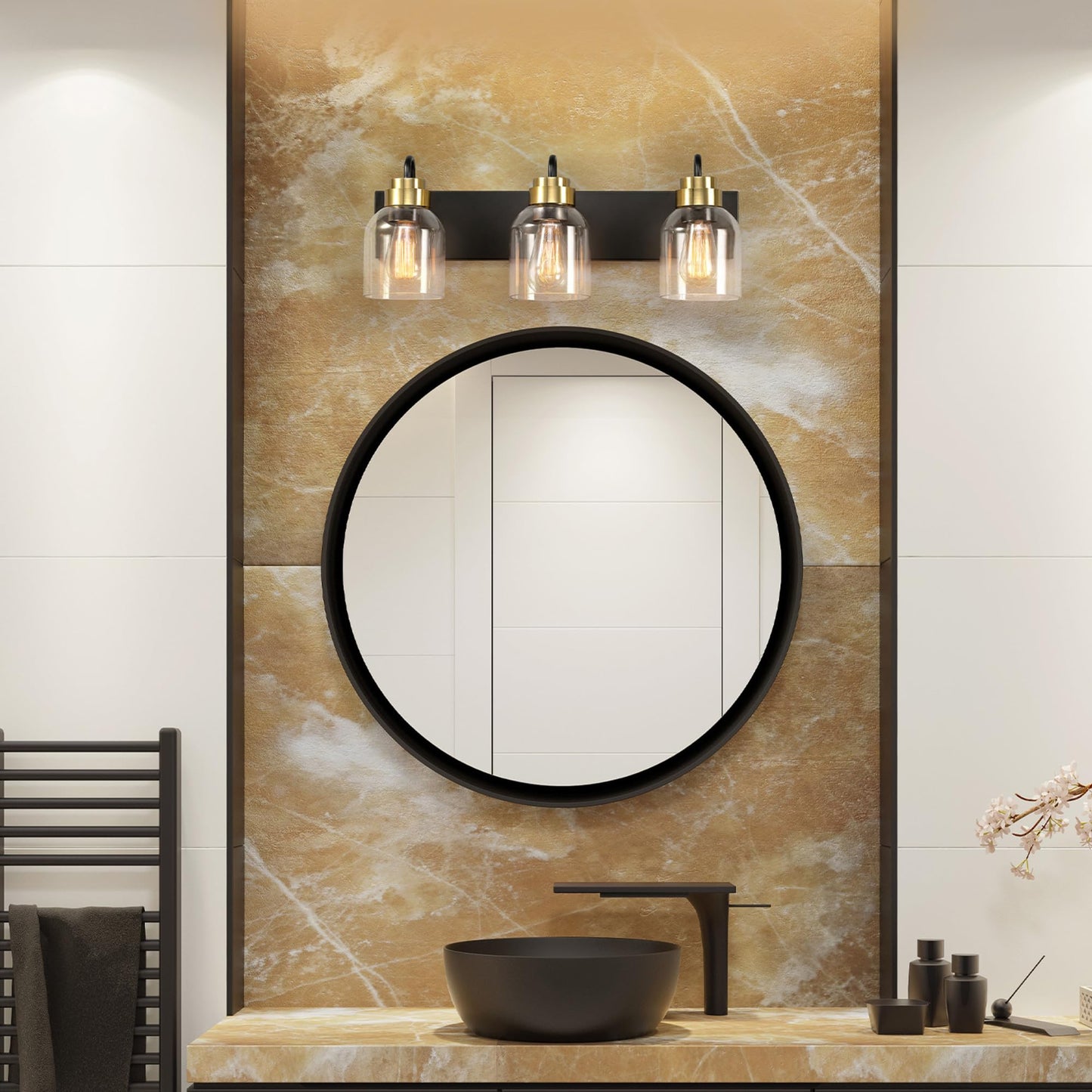 Globe Electric 63000200 22" 3-Light Vanity Light, Matte Black, Matte Brass Accents, Glass Shades, Beauty Room Accessories, Lights for Bathroom, Powder