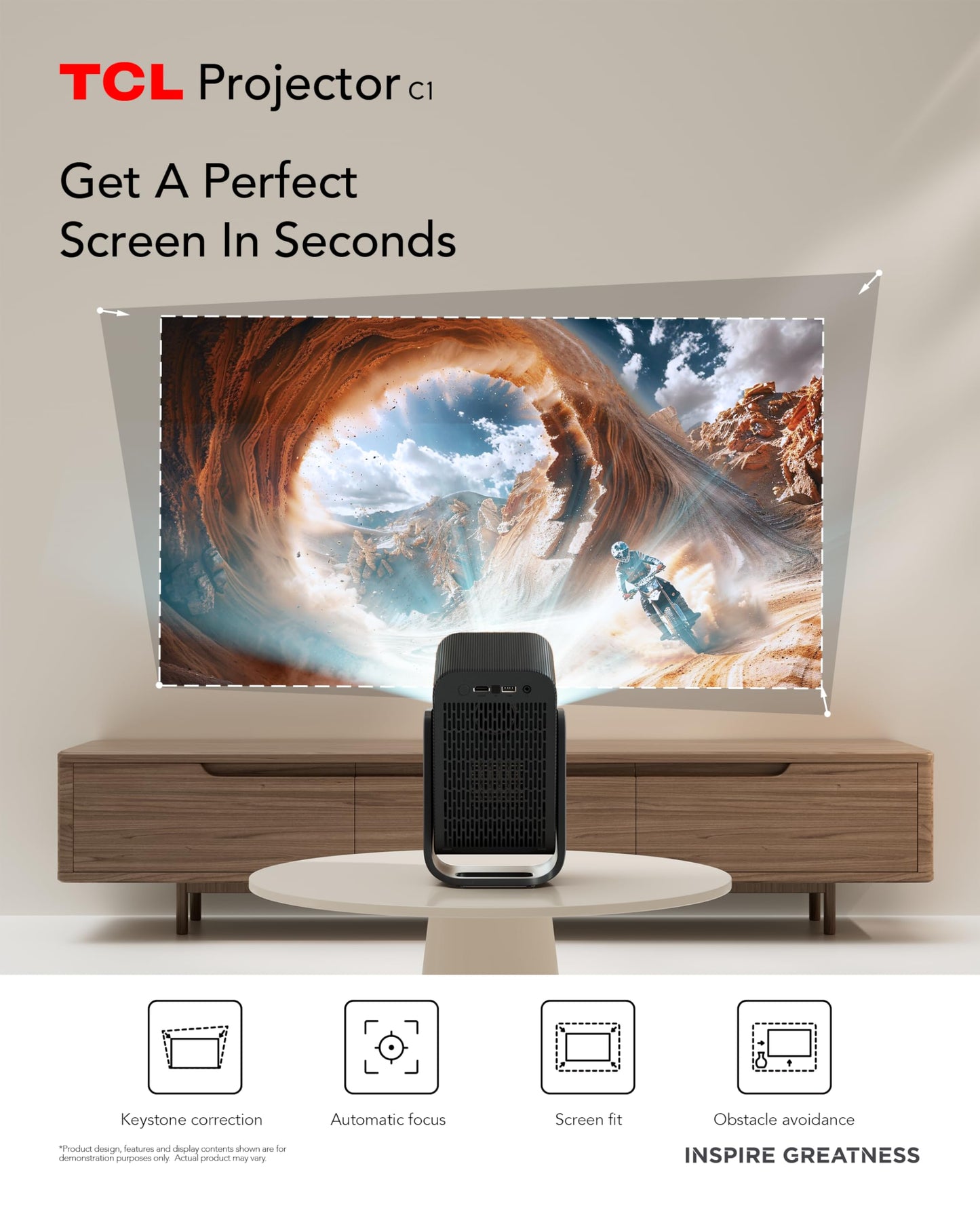 TCL C1 Smart Projector 4K Support, Google TV & Netflix Officially Licensed, WIFI and Bluetooth, Auto Focus Keystone, Native 1080p, Dolby Audio, 285°