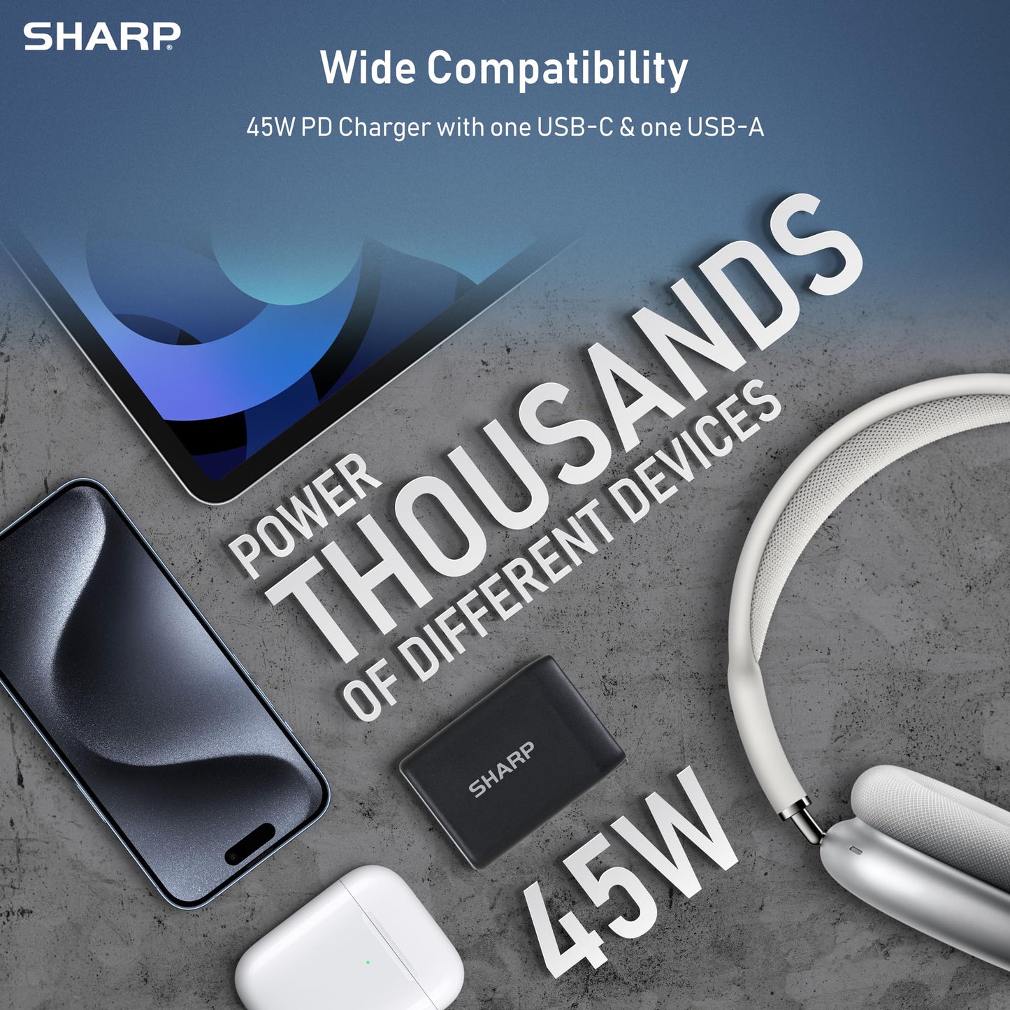 Sharp USB C Charger, 45W, 2 Port (USB A+C) Compact Foldable GaN Fast Charge for iPhone 15/15 Plus/15 Pro/15 Pro Max/14, Galaxy, Pixel 4/3, iPad/iPad