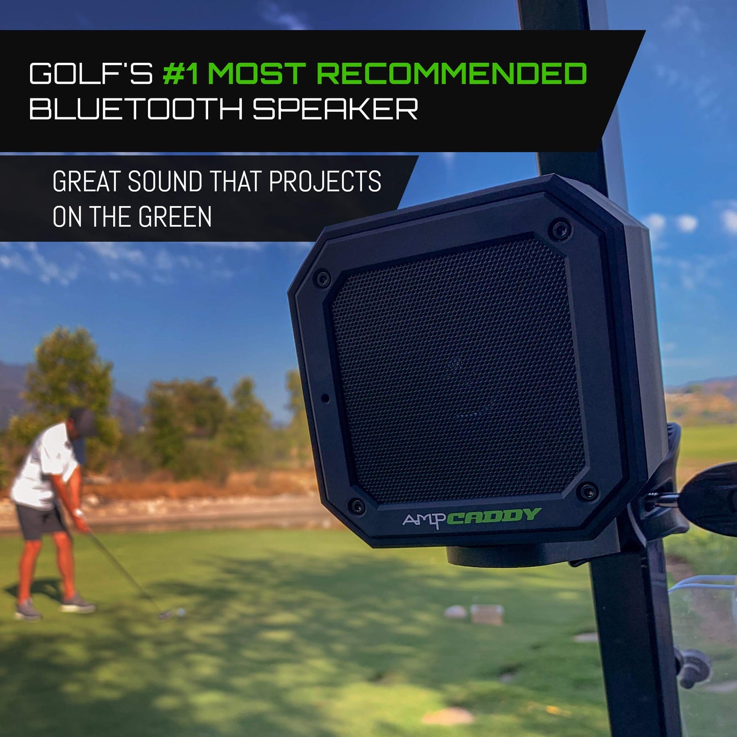 Ampcaddy Golf Bluetooth Speaker with Mount, Bluetooth Speaker and Mount with Loud Stereo Sound and Bass Boost, Extended Playtime and Range (V3 Pro