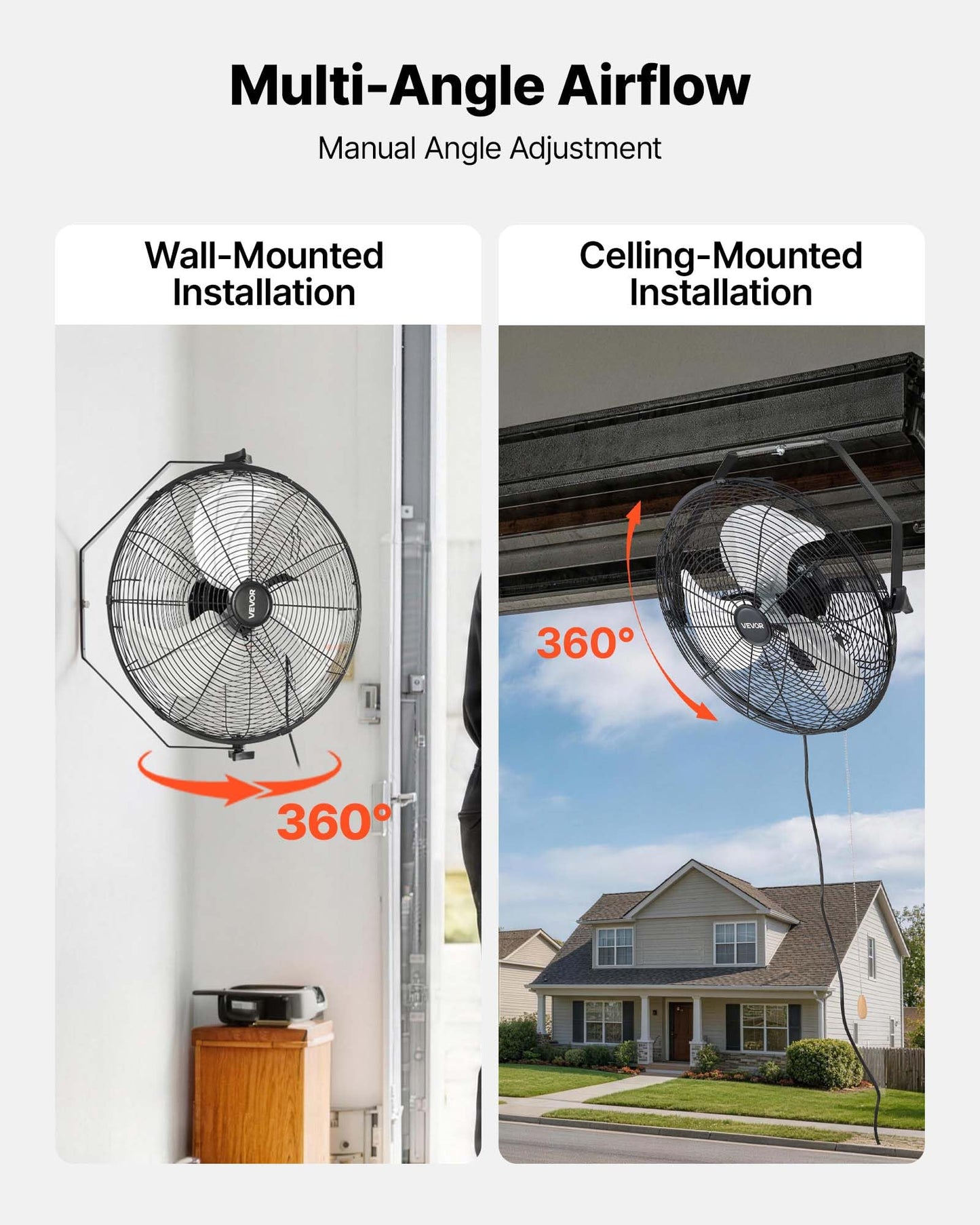 VEVOR Wall Mount Fan, 18 in Wall Mounted Hanging Fan, 3-Speed, Long Airflow Distance, Adjustable Rotation Angle, Mechanical Control, Powerful