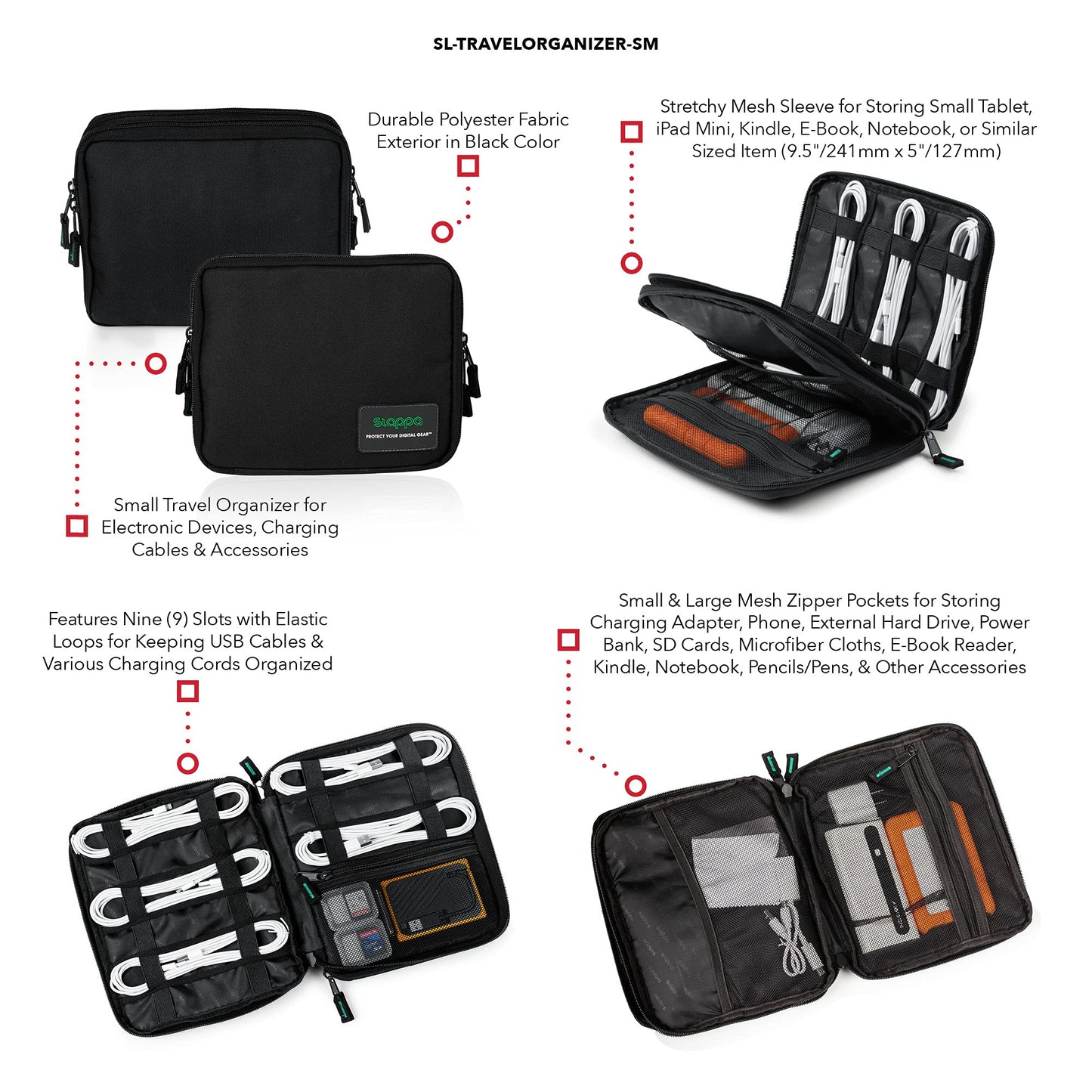 Slappa Travel Organizer for Electronic Devices, Charging Cables & Accessories; Size - Small (SL-TRAVELORGANIZER-SM)