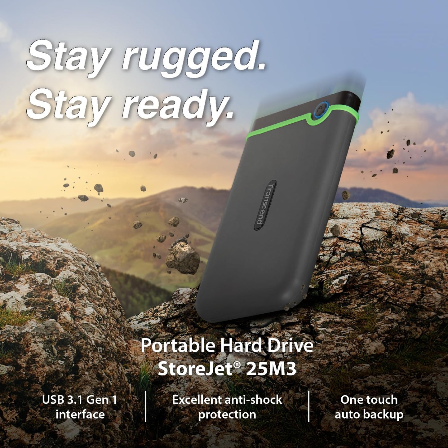 Transcend StoreJet 2TB Rugged External Hard Drive, USB3.1(5Gbps) Portable HDD w/One Touch Auto-Backup Button/Anti-Shock