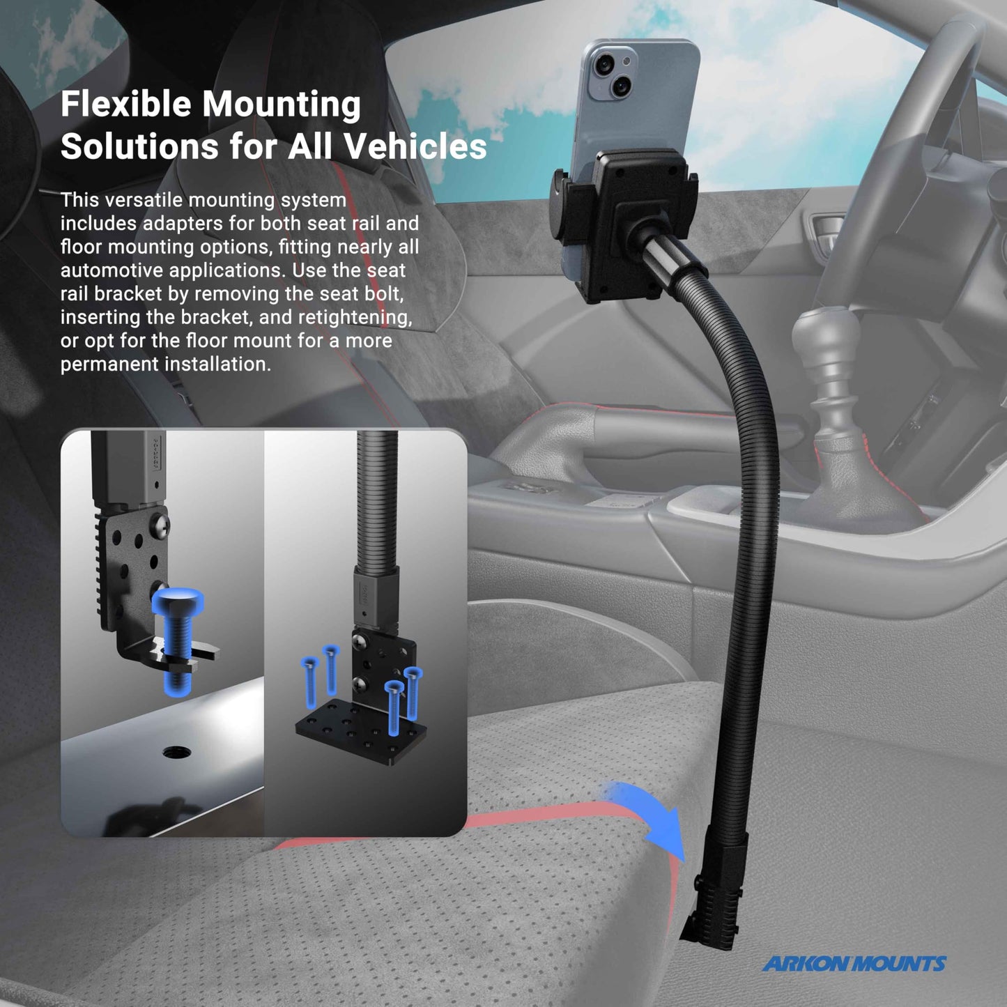 ARKON Mounts - Phone Holder with Car Seat Rail Mount | Car Phone Stand with Flexible 22" Arm | Professional-Grade Durability | Phone Holder For Car |