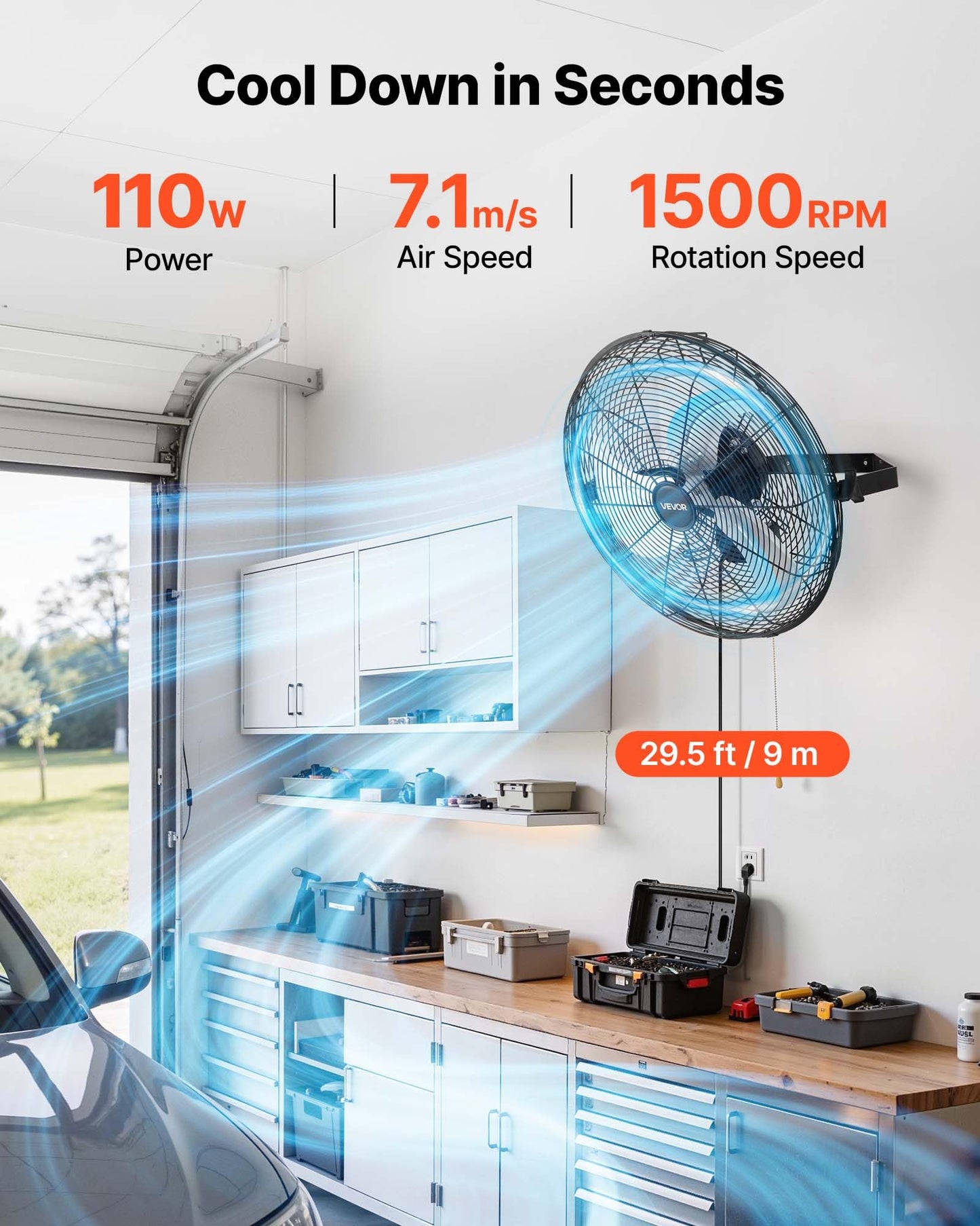 VEVOR Wall Mount Fan, 18 in Wall Mounted Hanging Fan, 3-Speed, Long Airflow Distance, Adjustable Rotation Angle, Mechanical Control, Powerful