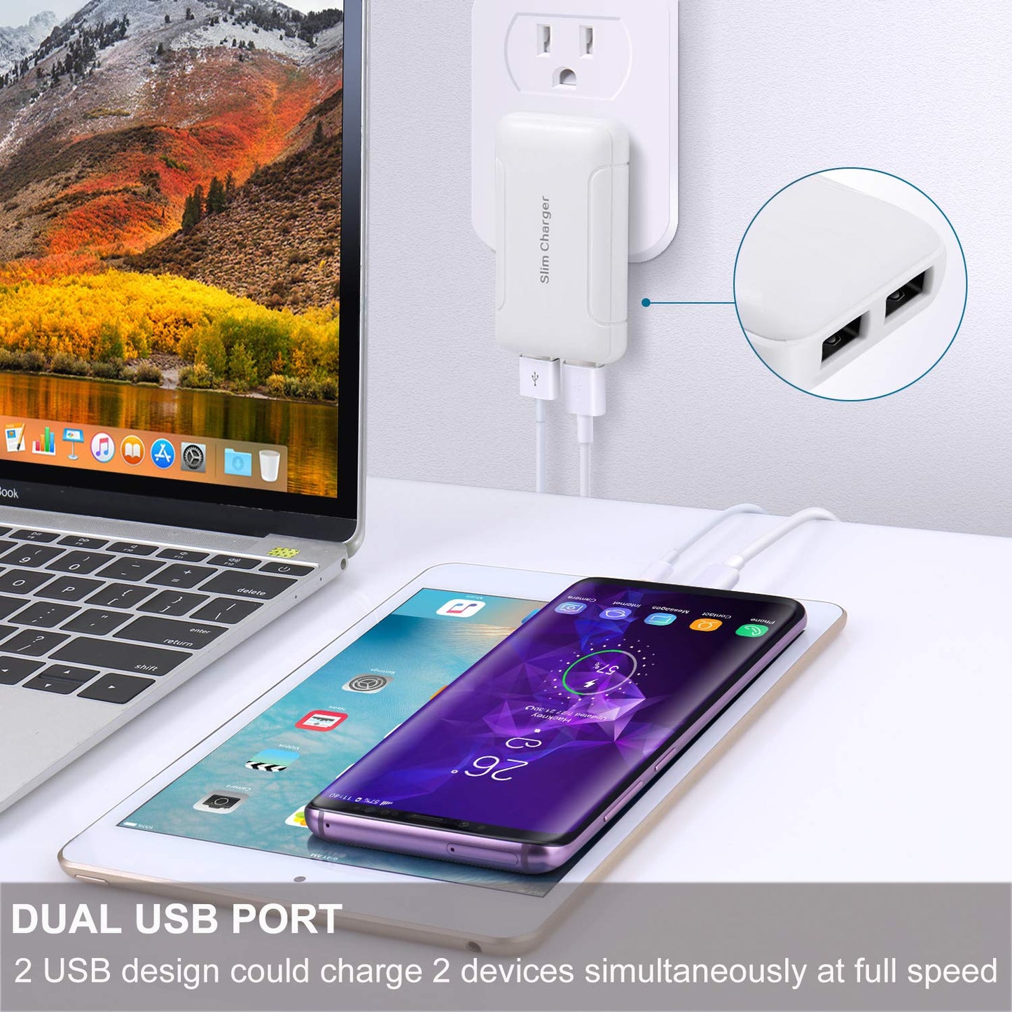 Slim Wall Charger, 2 Pack 3A/5V Dual Port USB-A Wall Charger with Foldable Plug, Flat Double USB Wall Plug Portable Fast Charging Block for iPhone