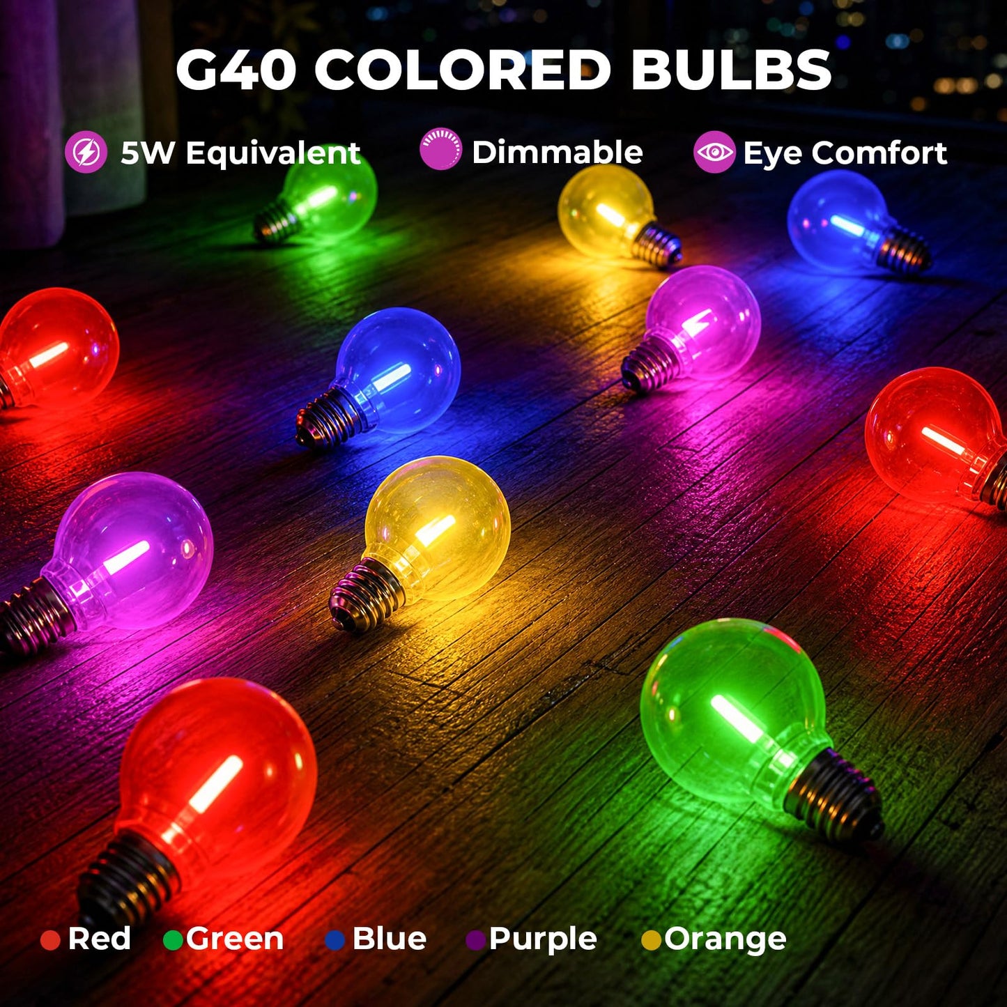 G40 Colored String Light Bulbs Replacement, 1 Watt, E12 Base, 36 Pack