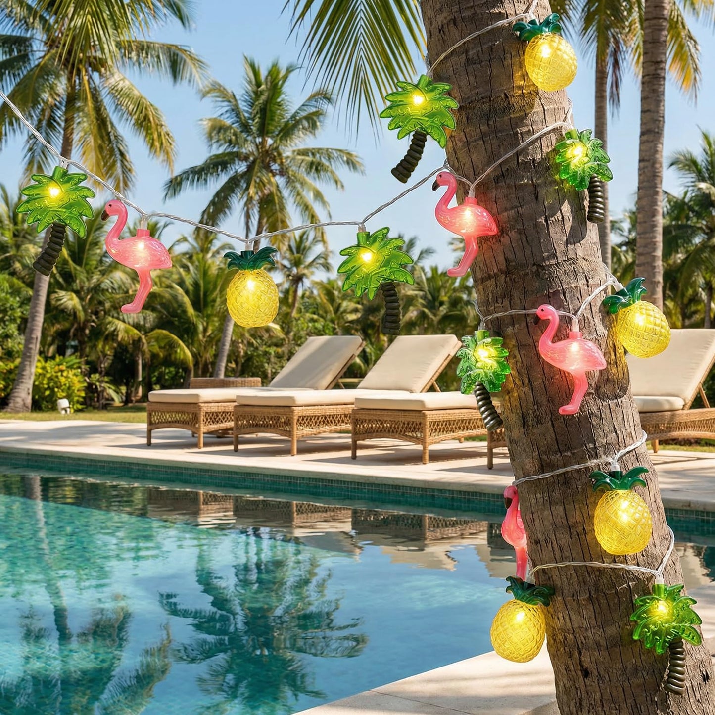 PASUTO Summer Beach Hawaiian String Lights, 10 LED Tropical String Lights, Hawaiian Tropical Beach Pool Party Decorations, Flamingo Pineapple Palm