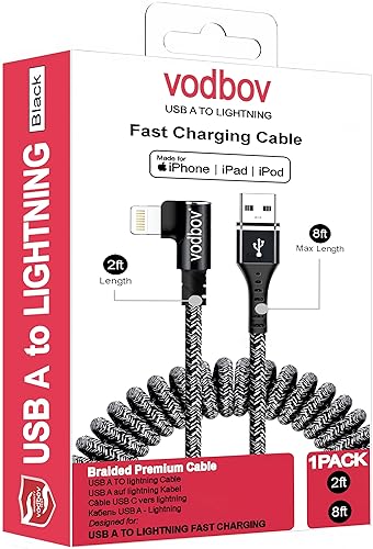 VODBOV Coiled 90° USB-A to Lightning Cable (Zebra Black) - Braided, Fast Charging, Right-Angle Car Charger Cord, 2-8 ft Stretch for iPhone & iPad