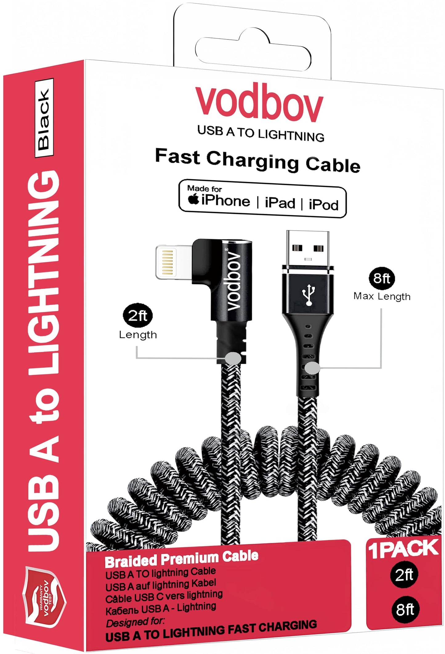VODBOV Coiled 90° USB-A to Lightning Cable (Zebra Black) - Braided, Fast Charging, Right-Angle Car Charger Cord, 2-8 ft Stretch for iPhone & iPad
