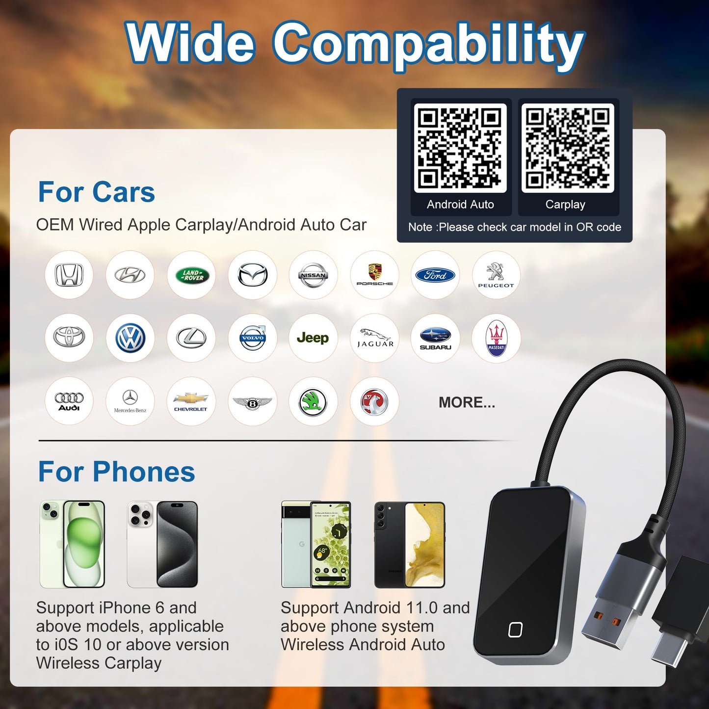 KETAKY Plus Wireless Carplay and Android Auto Adapter - Android Carplay for iPhone 6+/2016+ Cars, USB/Type-C Bluetooth Wireless Auto Car Adapter