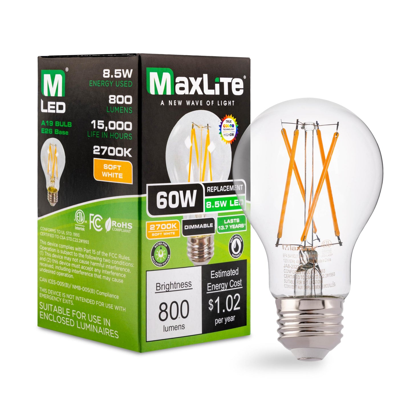 Maxlite EF8.5A19D927/JA81 8.5W A19 Dimmable LED Bulb, Enclosed Clear Filament, 2700K Warm White Light, JA8 Listed - CRI 90, 60W Equivalent, 800