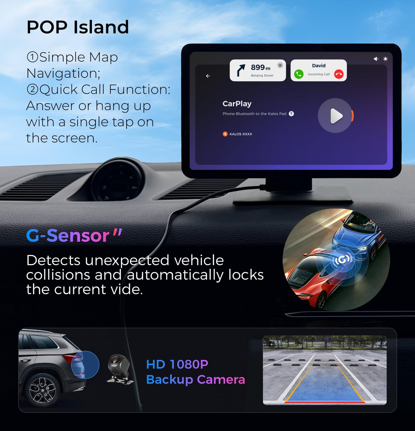 KALOS PAD Wireless Carplay Screen for Car, 9" Carplay & Android Auto Car Stereo, with 1080p Backup Camera, BOE LCD/Mirror Link/Gesture Control/POP