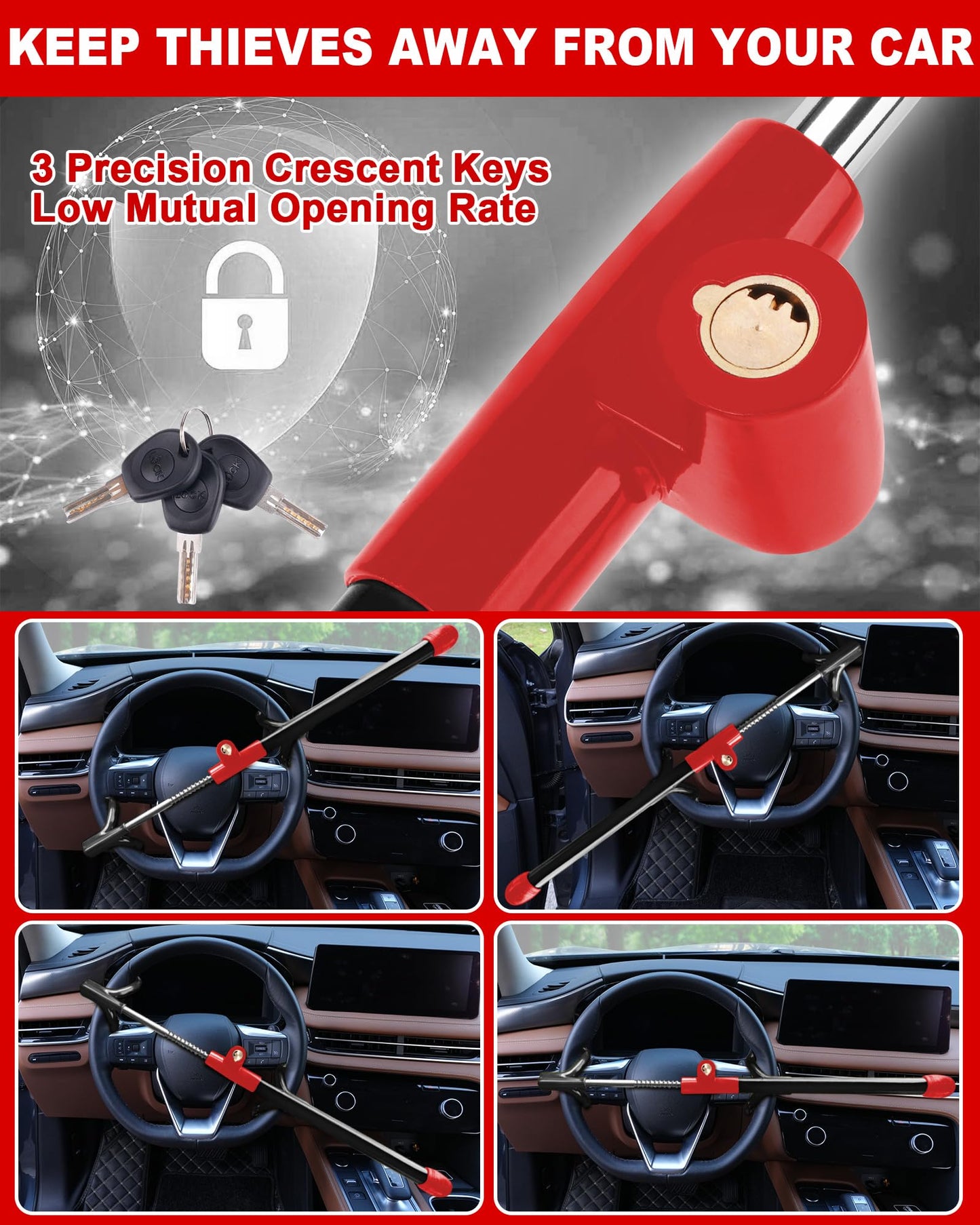 Tevlaphee Car Steering Wheel Lock Great Deterrent Adjustable Car Lock Steering Wheel Anti Theft Car Device for Vehicles,Trucks,Vans,SUVs (Black)