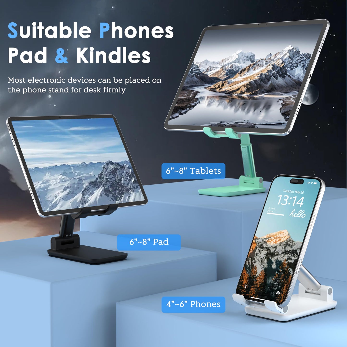 HZZADZXW 2 Pack Cell Phone Stand for Desk, Adjustable Angle & Height, Foldable Portable Phone Holder with Anti-Slip Silicone Pad, Compatible