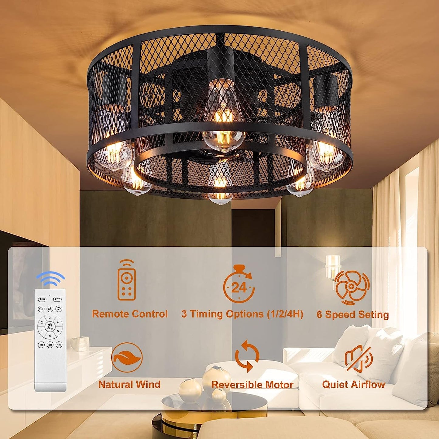 Ohniyou Cage Ceiling Fan with Light - 21'' Farmhouse Flush Mount Ceiling Fan Remote Control, Small Bladeless Caged Ceiling Fan for Kitchen Bedroom