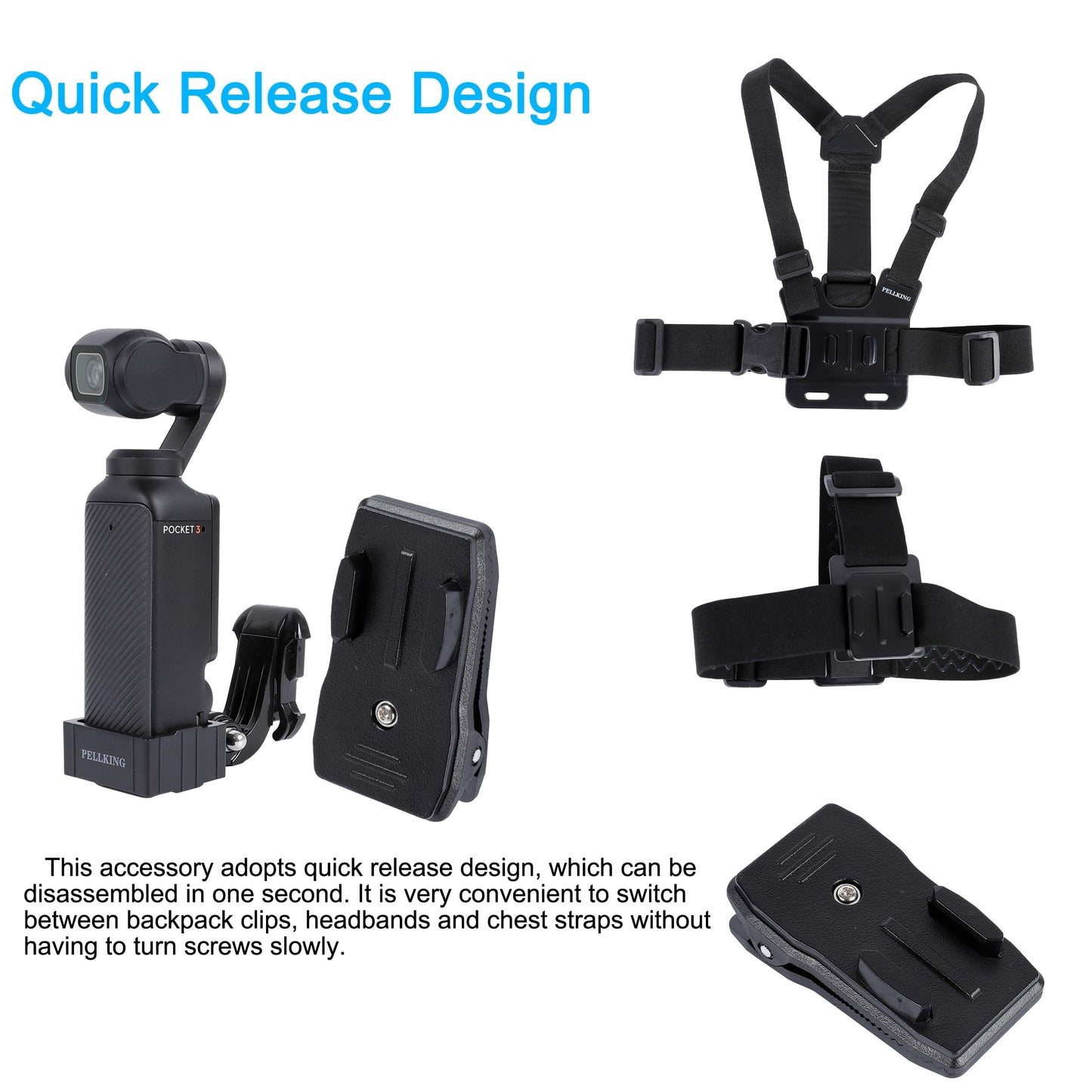 PellKing 4in1 DJI Osmo Pocket 3 Accessories Kit,Chest Mount Harness,Neck Holder,Head Strap,Backpack Strap Mount for DJI Osmo Pocket 3 Camera,with