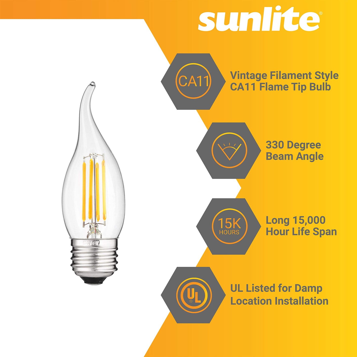 Sunlite LED Filament CA11 Flame Tip Chandelier Light Bulb, 4 Watts (40W Equivalent), Medium E26 Base, Clear Glass, Dimmable, 2700K Soft White, 6 Pack