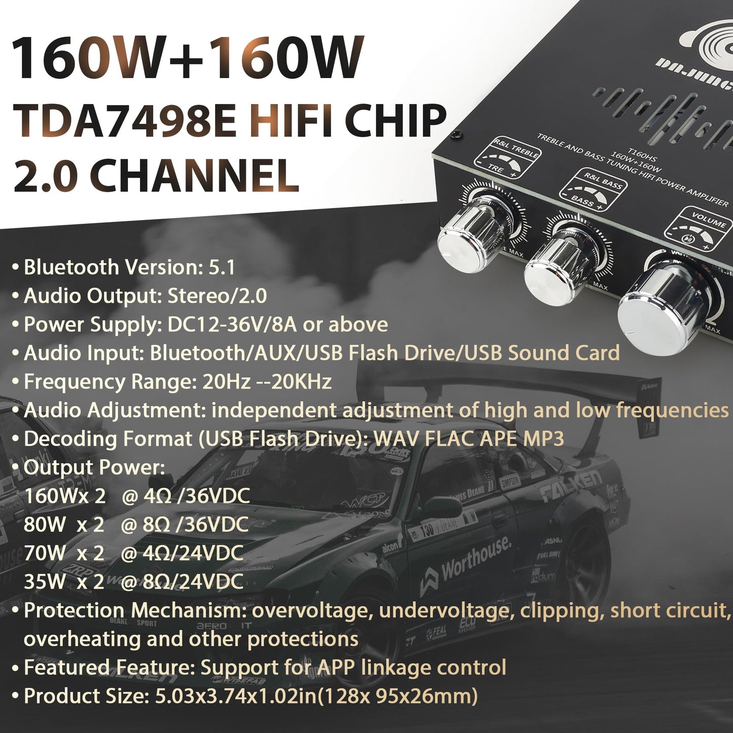 160W+160W Amplifier Board with Treble and Bass Control, DC 12-36V 2.0 Channel Stereo AMP Board,Bluetooth/AUX/USB Input
