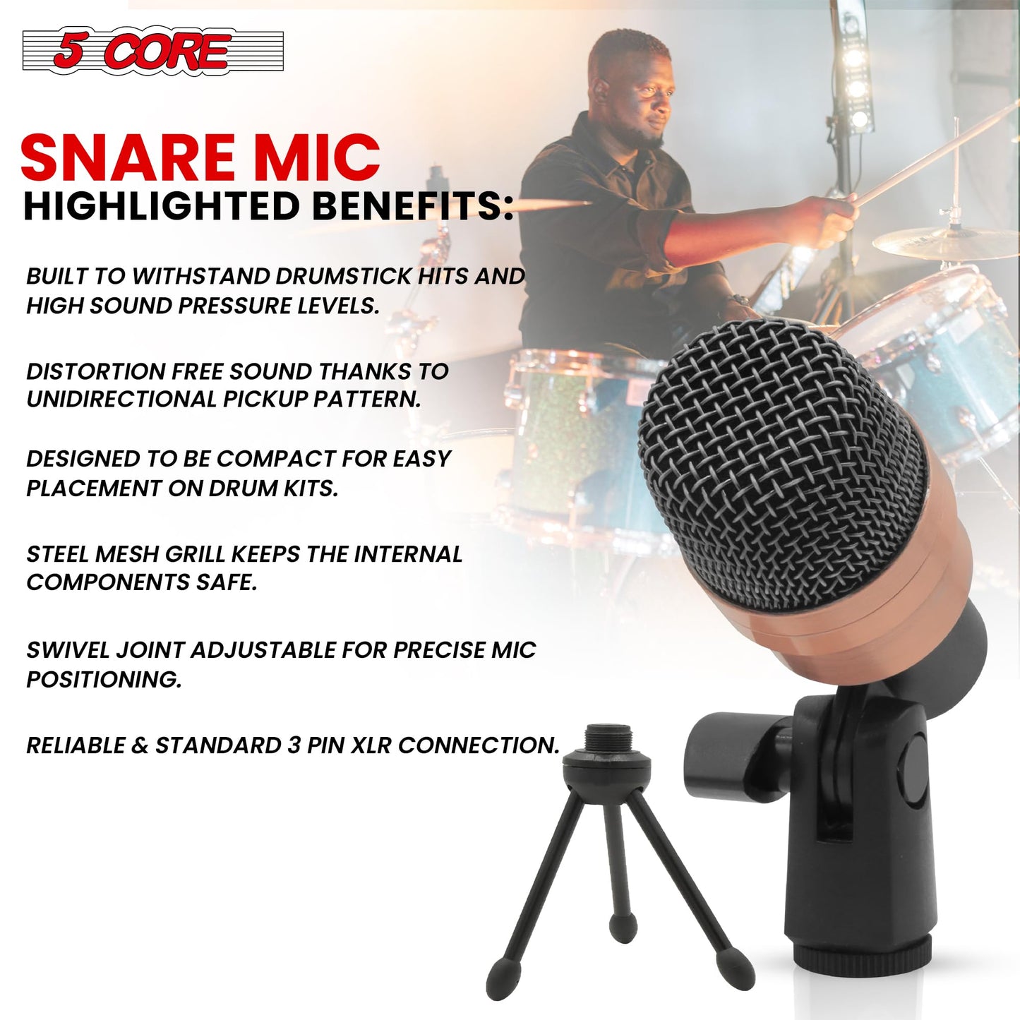 5 CORE Snare Microphone Copper Finish XLR Wired Cardioid Uni Directional Tom Kick Drum Mic w Swivel Mount Steel Mesh Grille Rim Mount Snare XP COPPERX