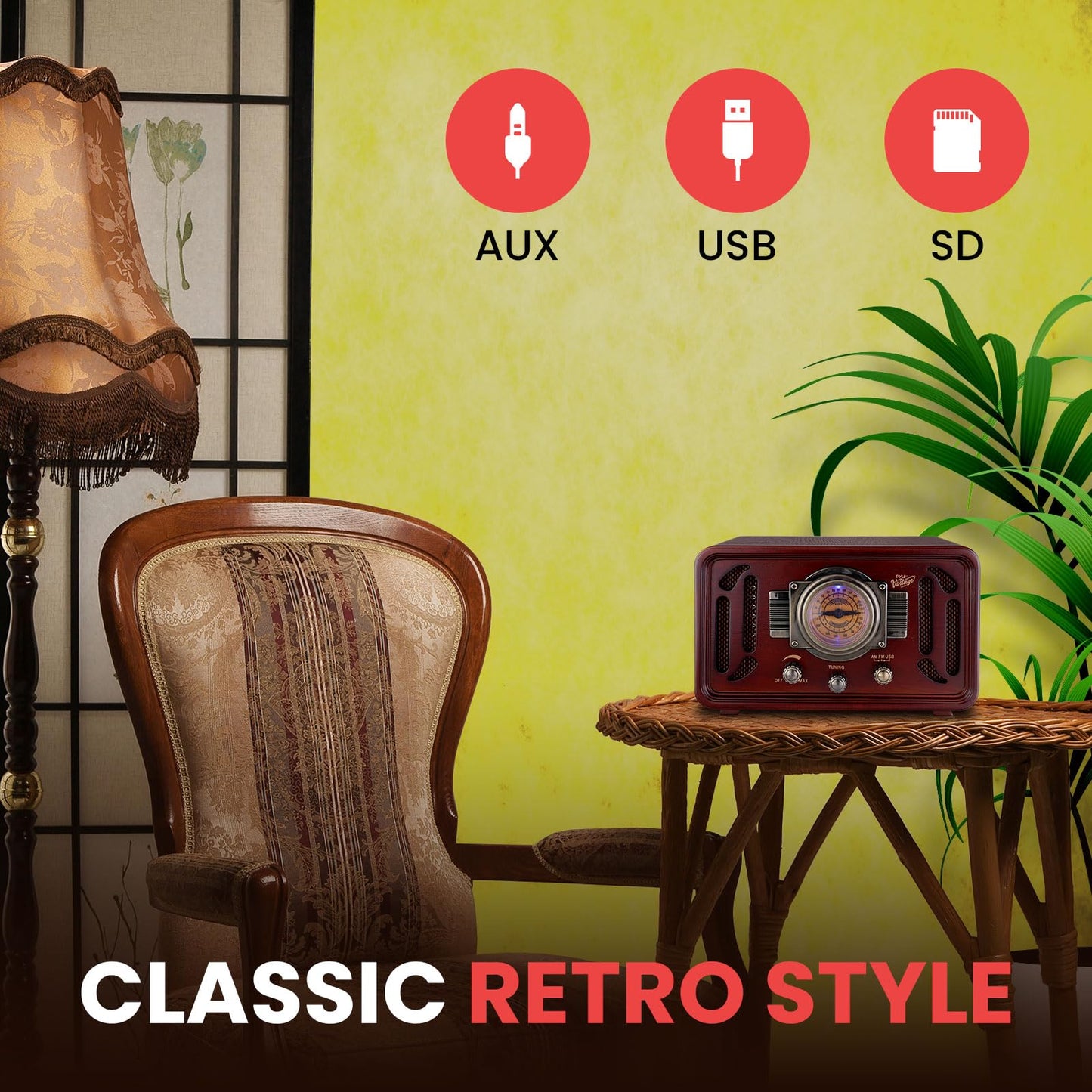Pyle Retro Wireless Bluetooth Radio Speaker - Classic Vintage Style Audio Sound Receiver System w/Built-in Stereo Speakers, USB, SD Card Slot, AUX